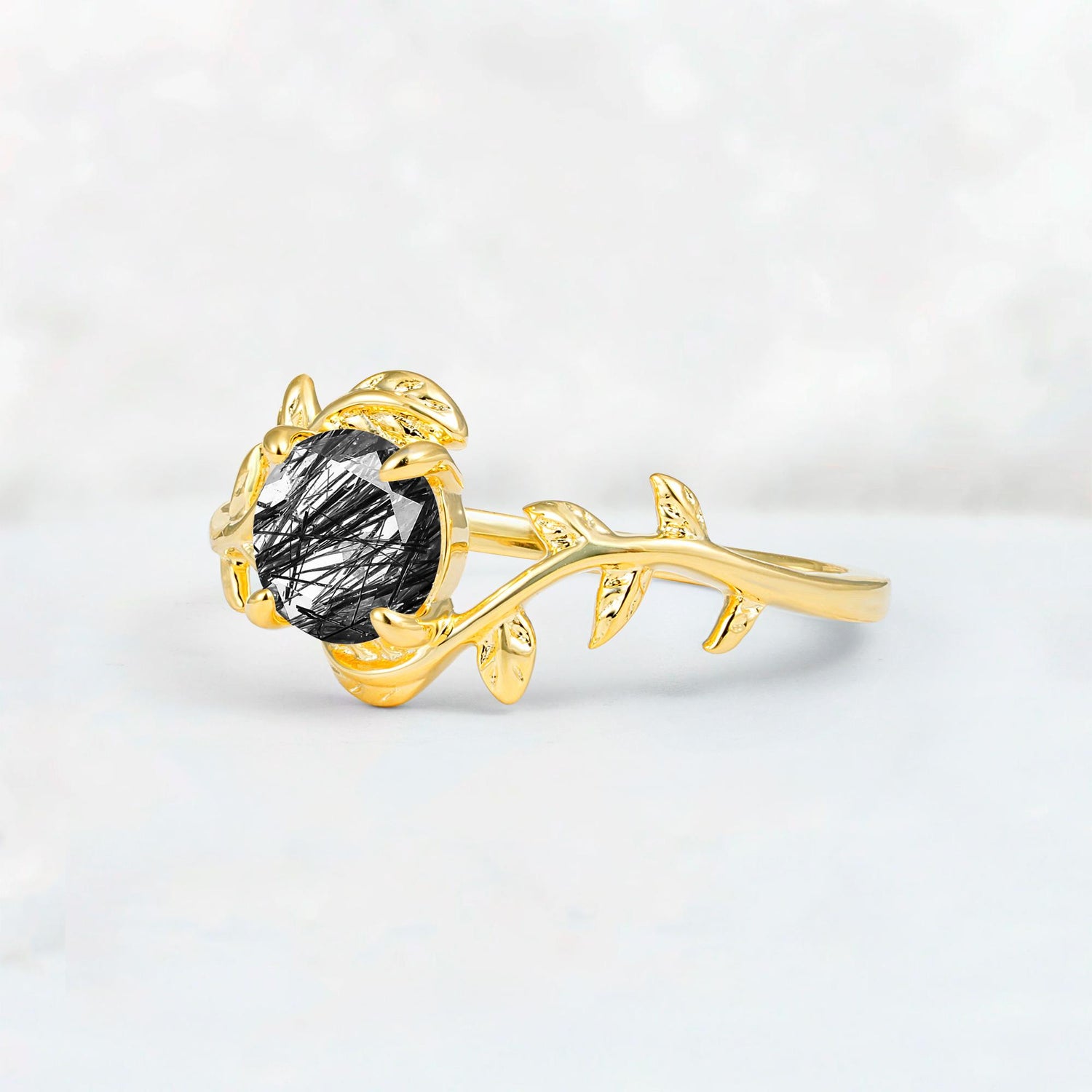Round Cut Nature-Inspired Black Rutilated Quartz Solitaire Engagement Ring - Additional view