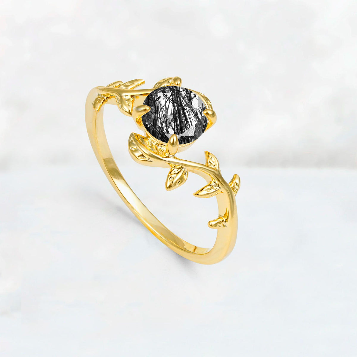 Round Cut Nature-Inspired Black Rutilated Quartz Solitaire Engagement Ring - Additional view