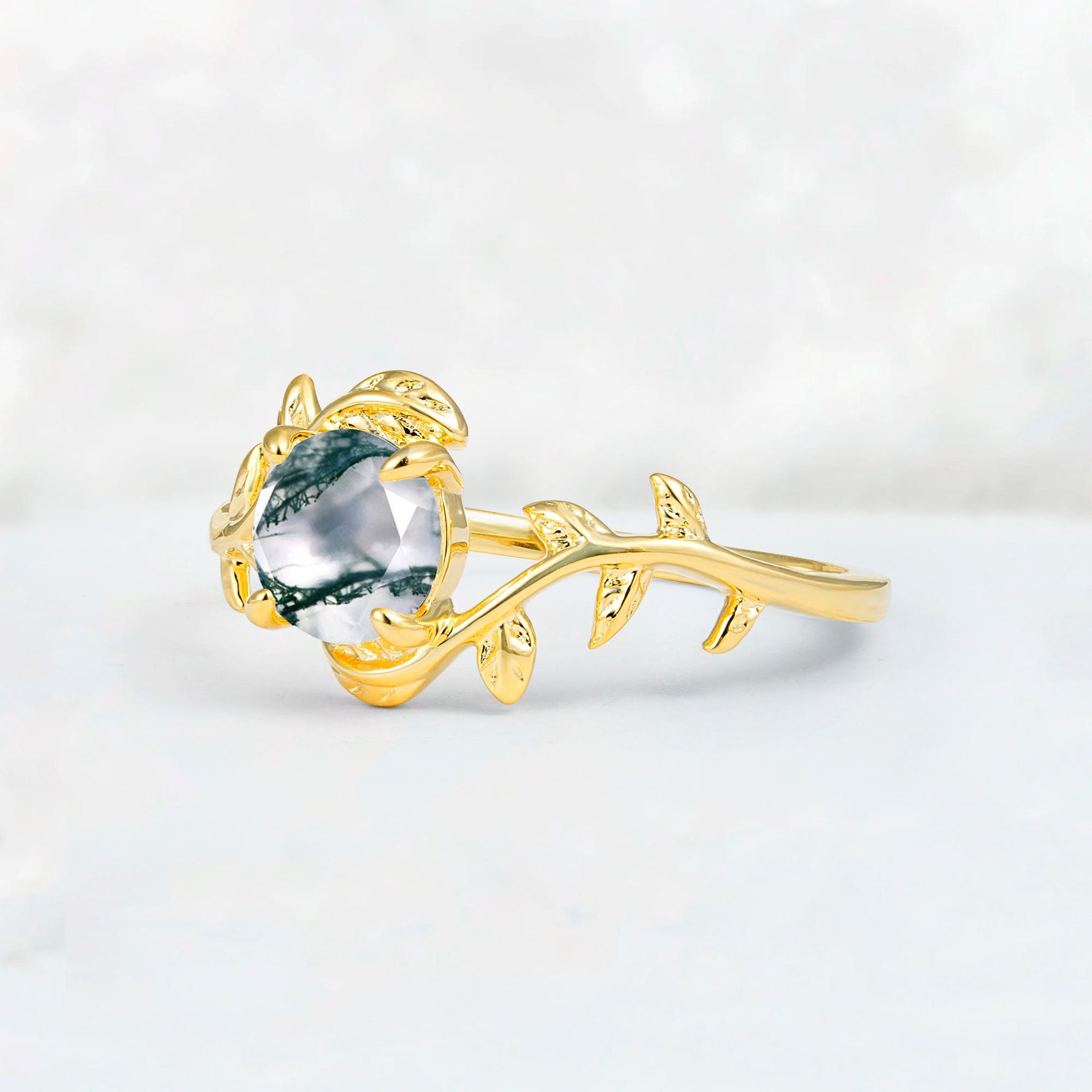 Round Cut Nature-Inspired Moss Agate Solitaire Engagement Ring - Additional view