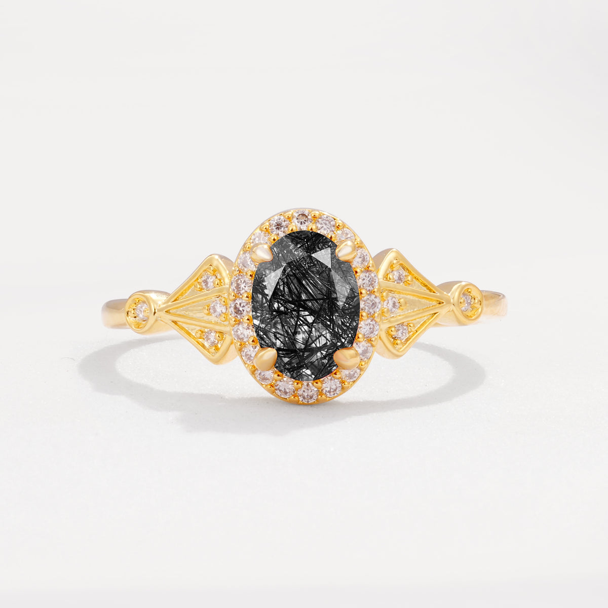 ML07052 Black Rutilated Quartz Ring - Yellow-Gold
