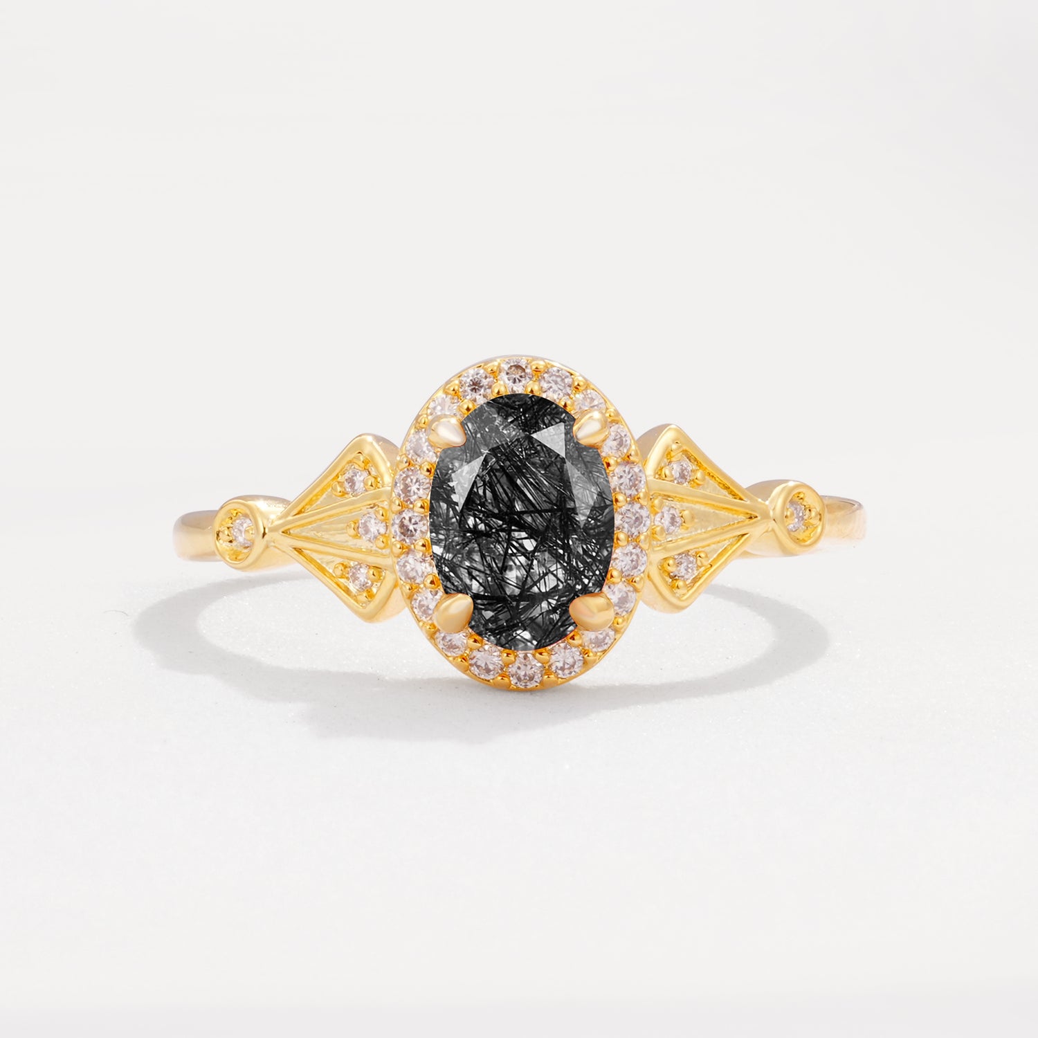 ML07052 Black Rutilated Quartz Ring - Yellow-Gold