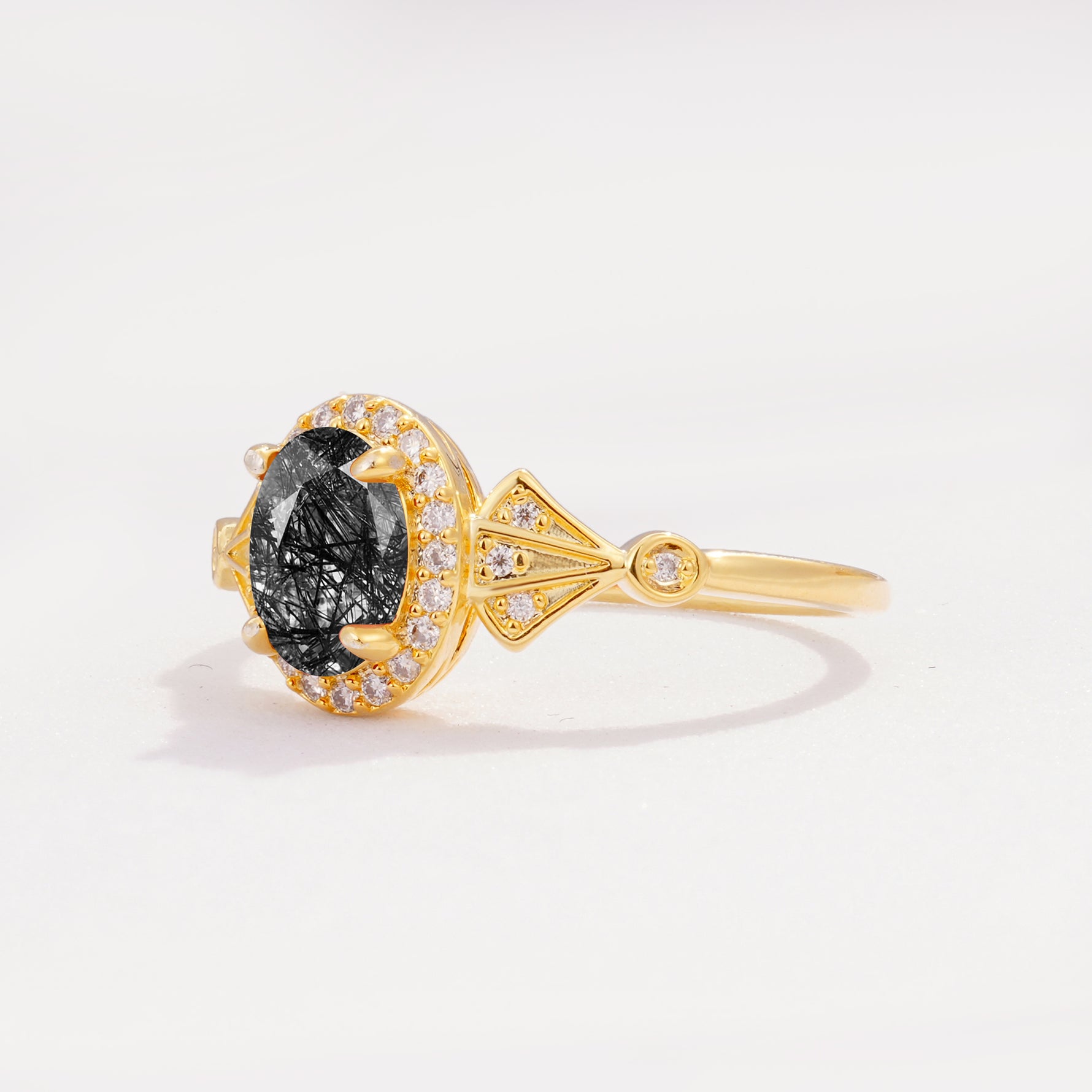 ML07052 Black Rutilated Quartz Ring - White-Gold