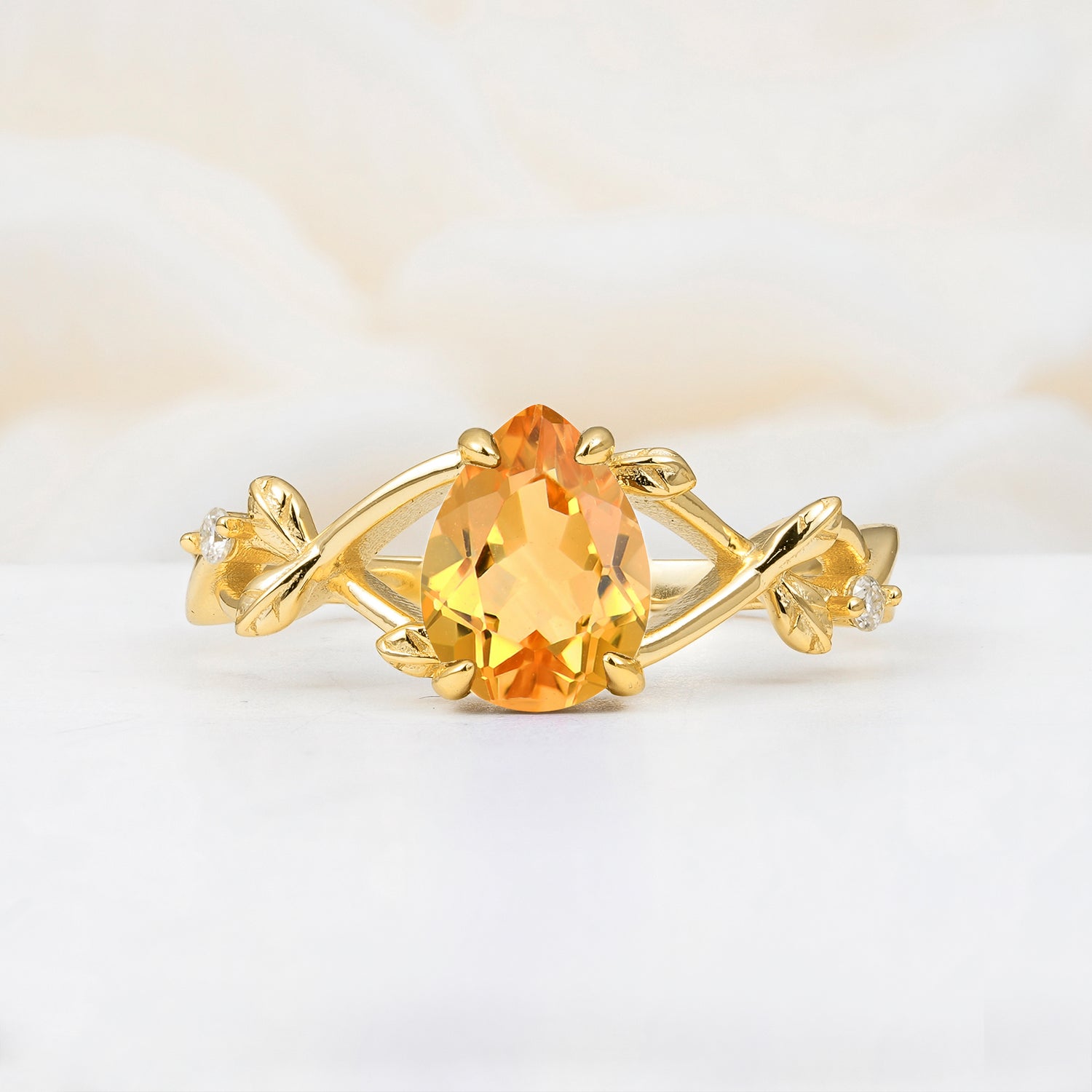 Nature Inspired Four Prong Pear Citrine Leaf Engagement Ring