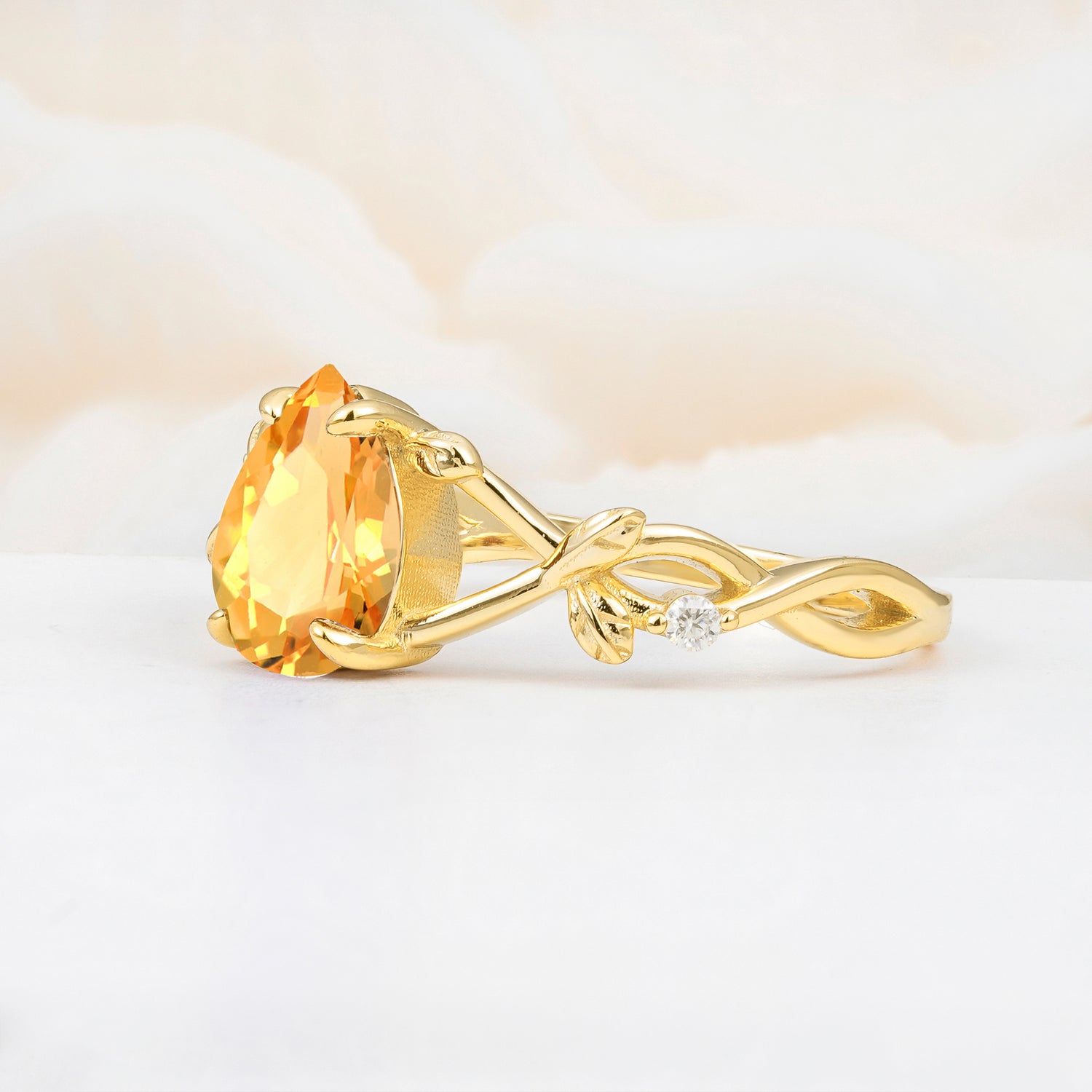 Nature Inspired Four Prong Pear Citrine Leaf Engagement Ring