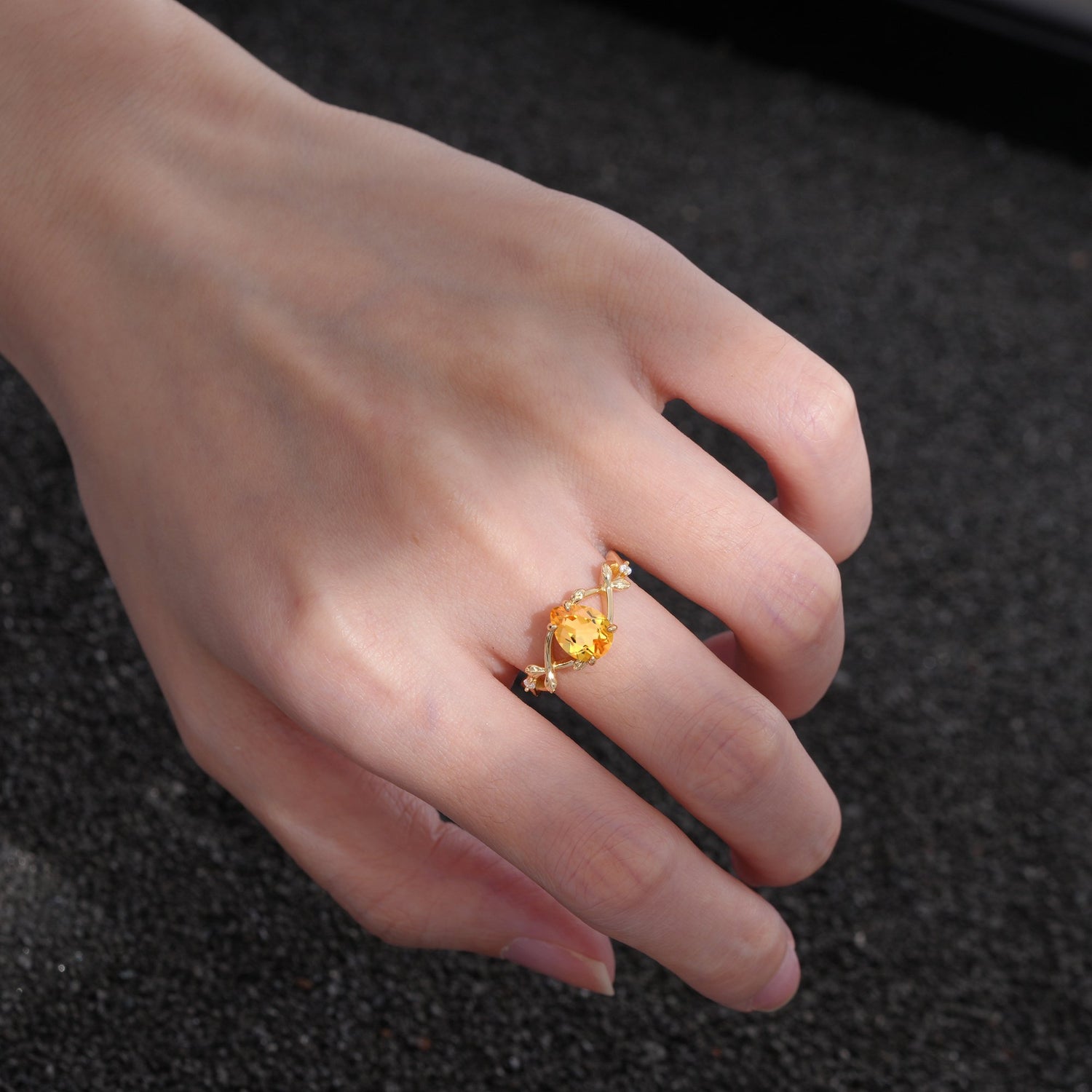 Nature Inspired Four Prong Pear Citrine Leaf Engagement Ring