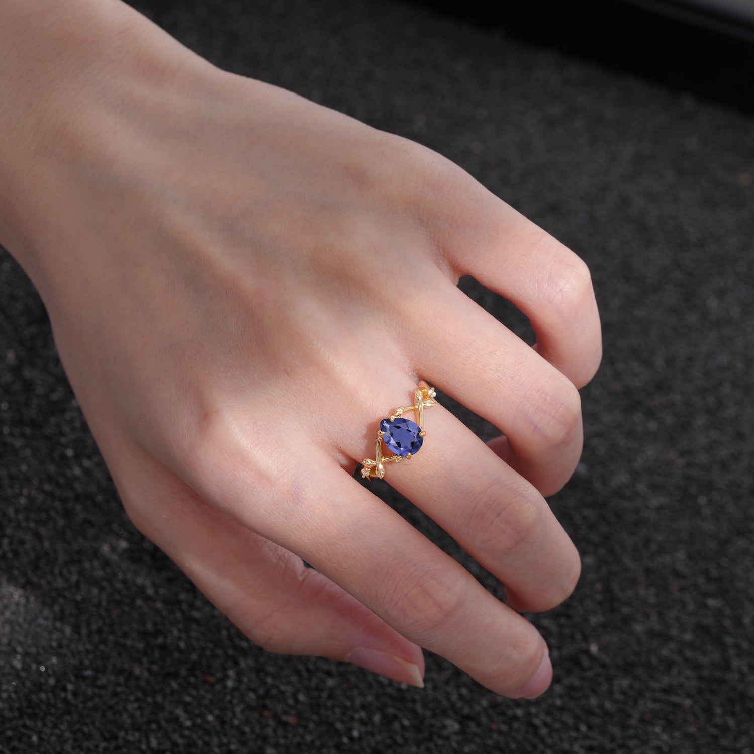 Nature Inspired Four Prong Pear Tanzanite Leaf Engagement Ring