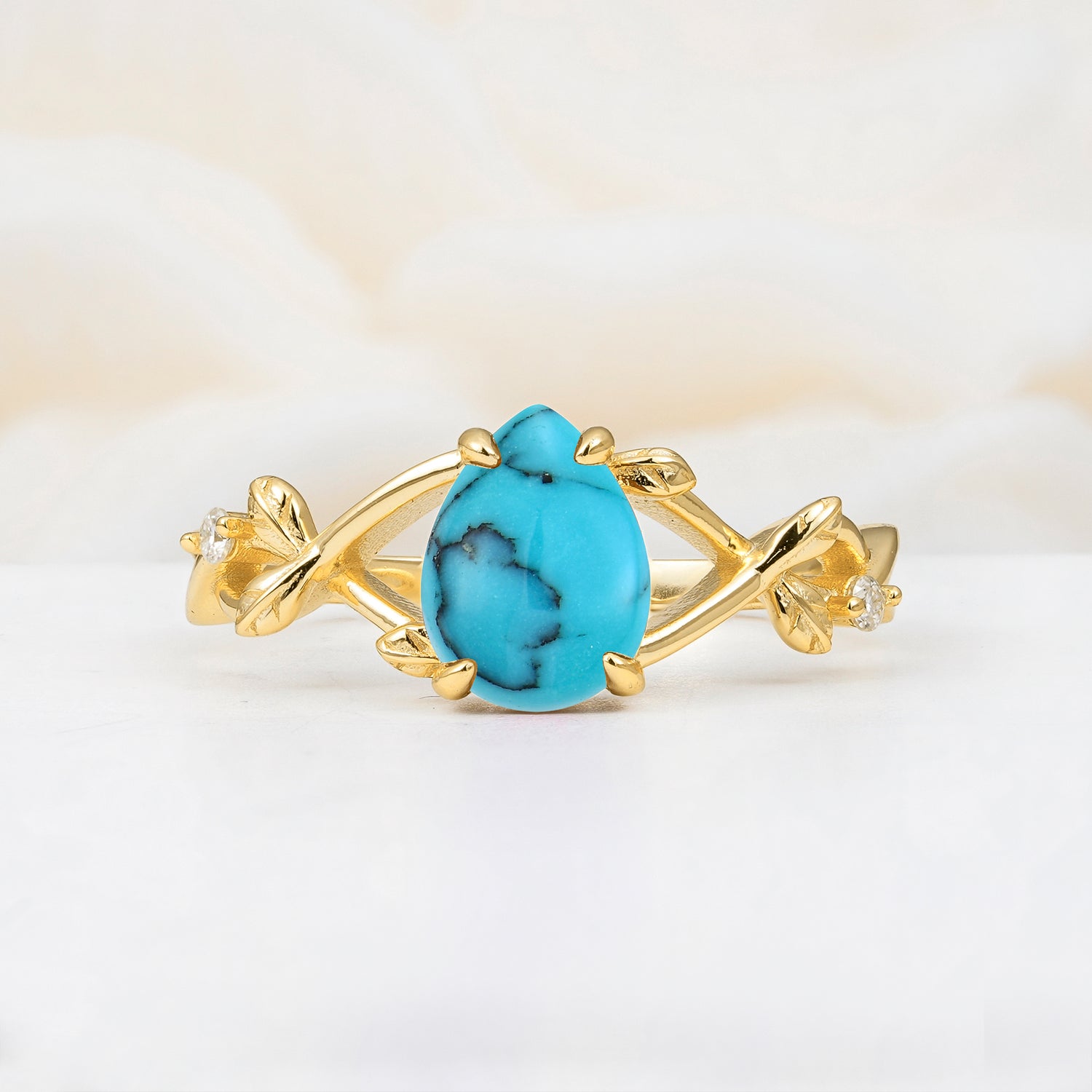 Nature Inspired Four Prong Pear Turquoise Leaf Engagement Ring