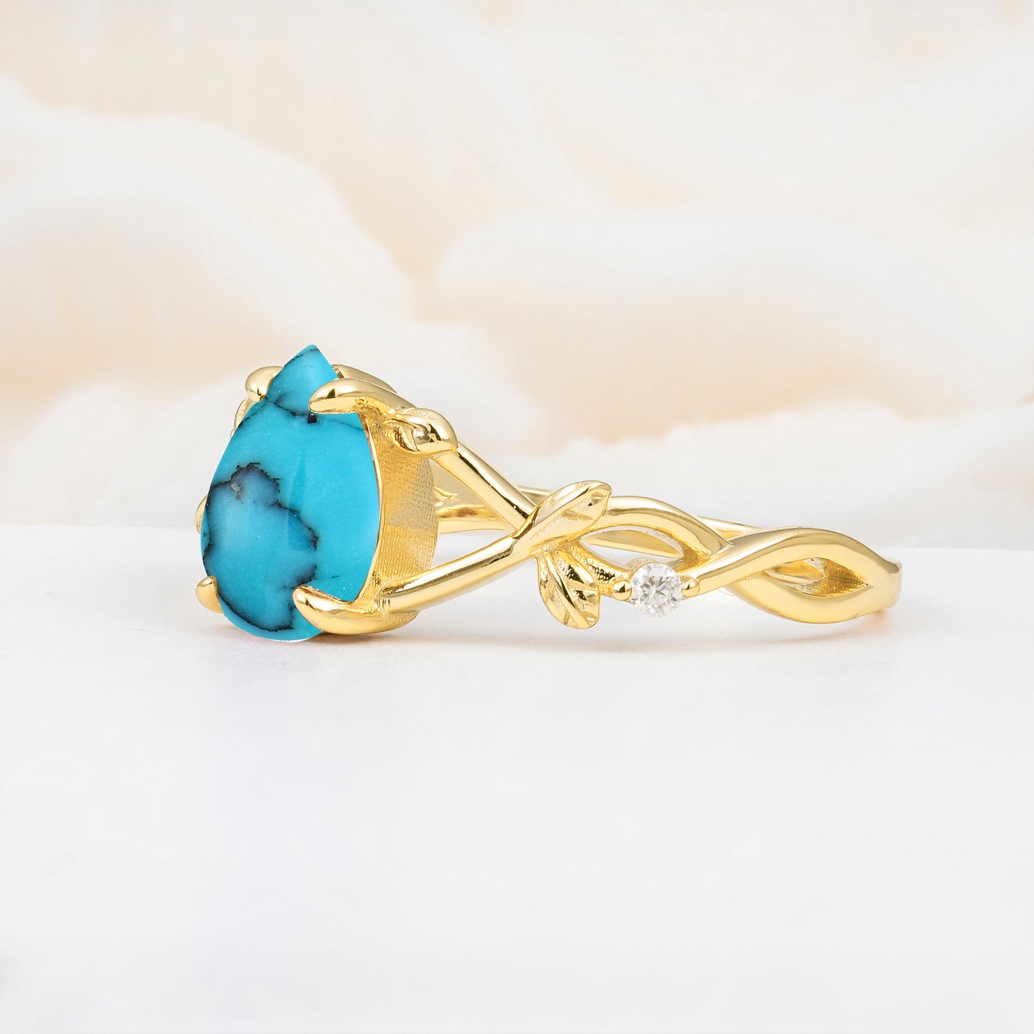 Nature Inspired Four Prong Pear Turquoise Leaf Engagement Ring