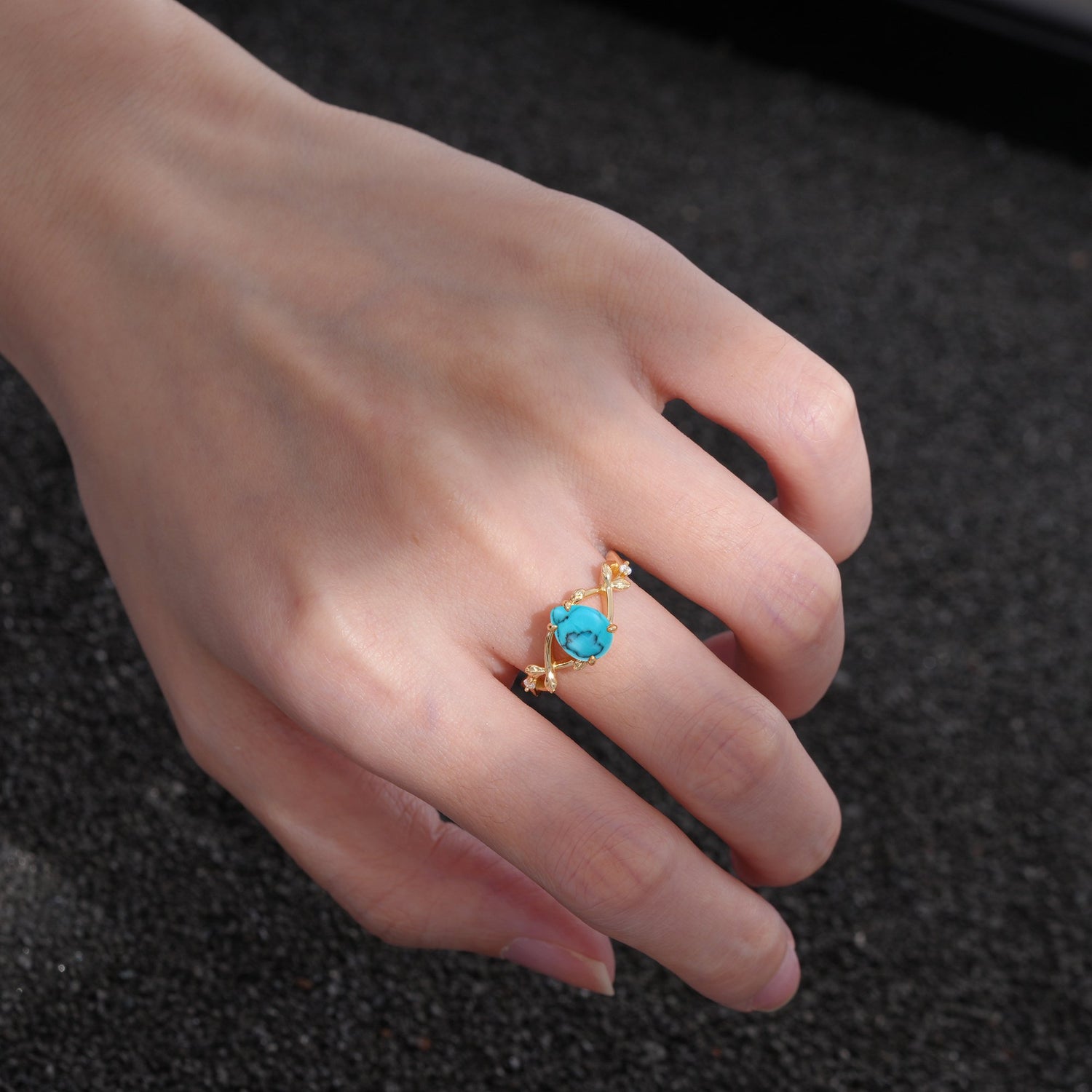 Nature Inspired Four Prong Pear Turquoise Leaf Engagement Ring
