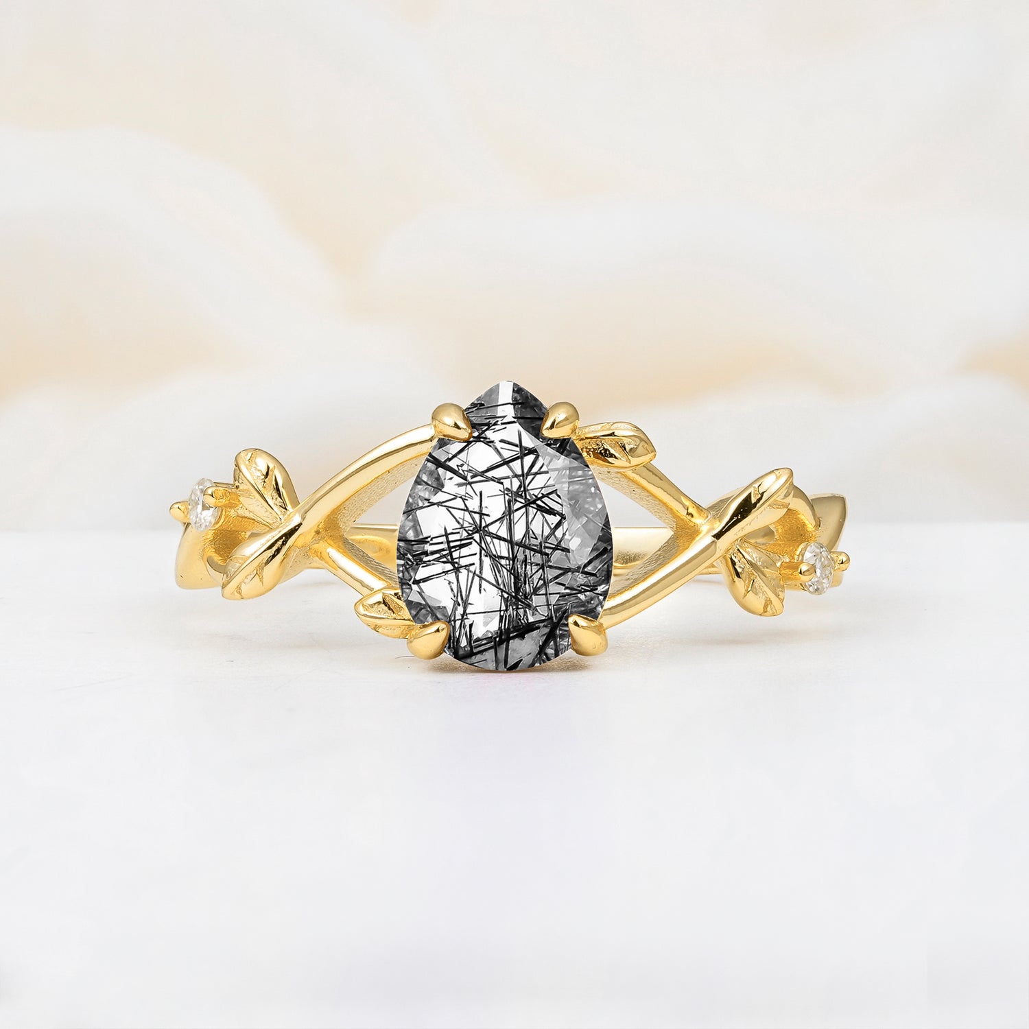 Nature Inspired Four Prong Pear Black Rutilated Quartz  Leaf Engagement Ring
