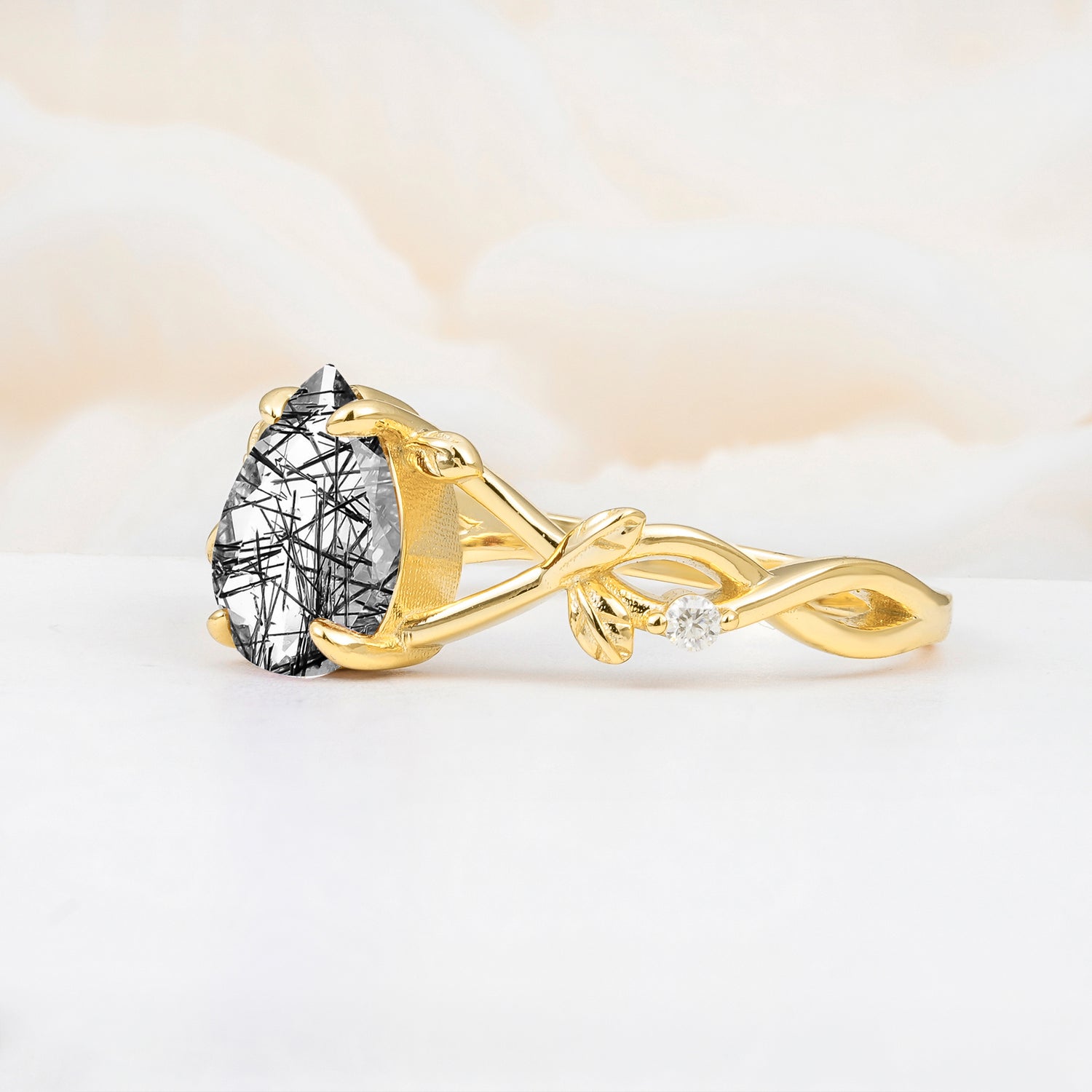 Nature Inspired Four Prong Pear Black Rutilated Quartz  Leaf Engagement Ring