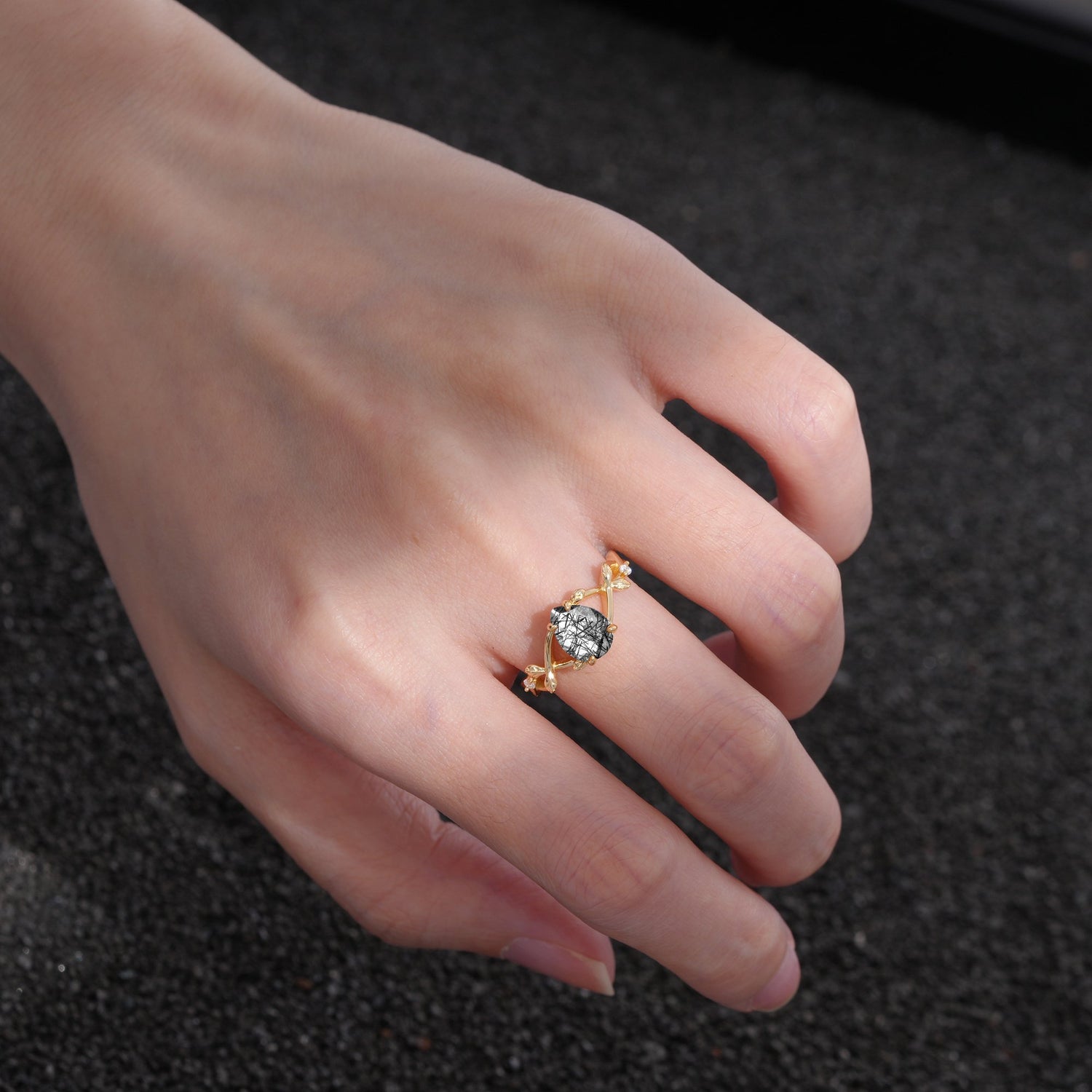 Nature Inspired Four Prong Pear Black Rutilated Quartz  Leaf Engagement Ring