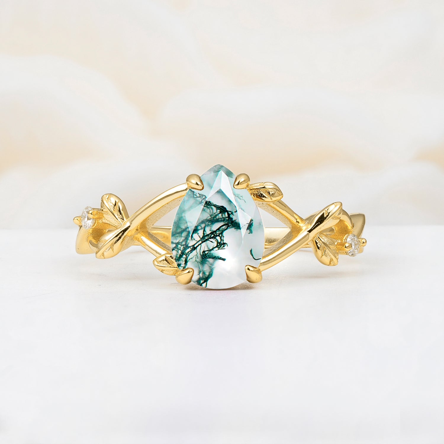 Nature Inspired Four Prong Pear Moss Agate  Leaf Engagement Ring