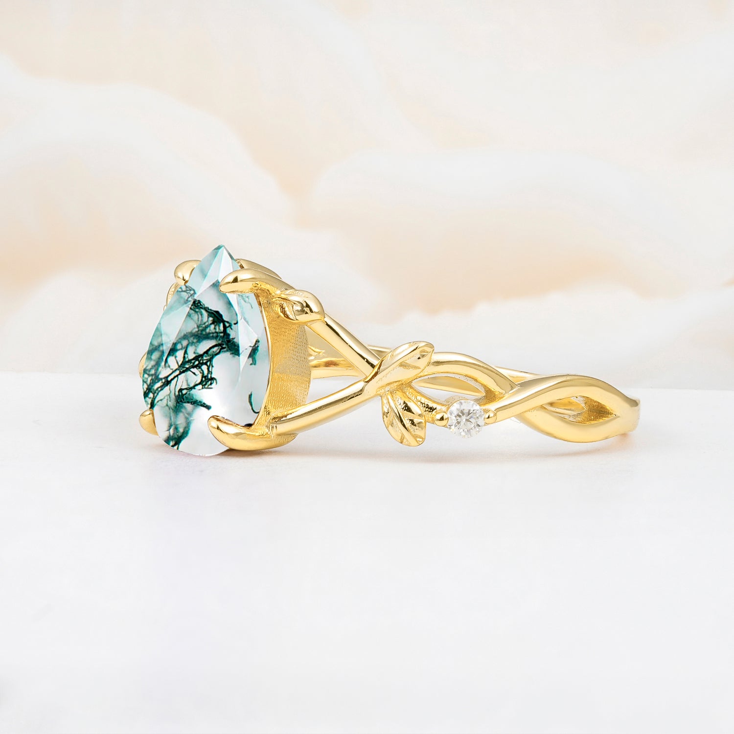 Nature Inspired Four Prong Pear Moss Agate  Leaf Engagement Ring