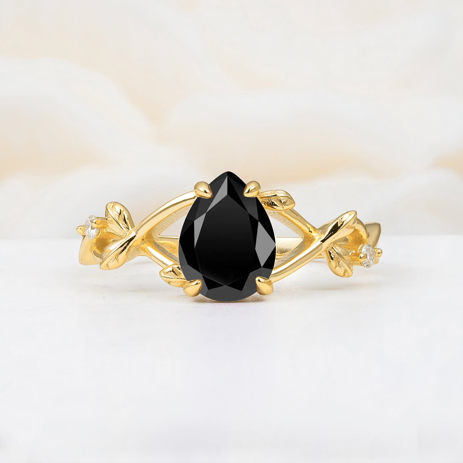 Nature Inspired Four Prong Pear Black Onyx  Leaf Engagement Ring