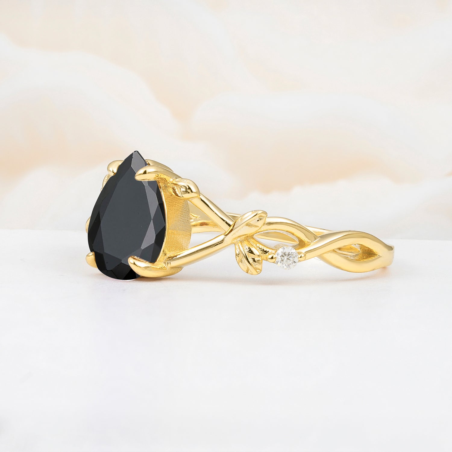 Nature Inspired Four Prong Pear Black Onyx  Leaf Engagement Ring