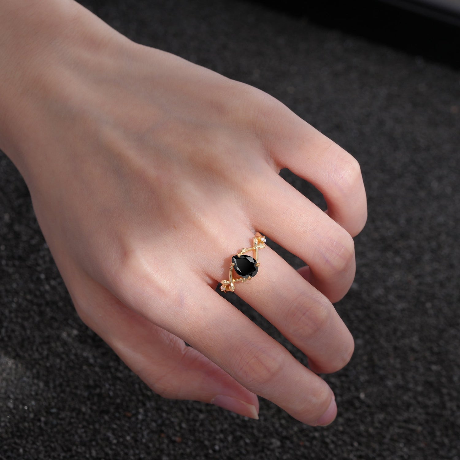 Nature Inspired Four Prong Pear Black Onyx  Leaf Engagement Ring