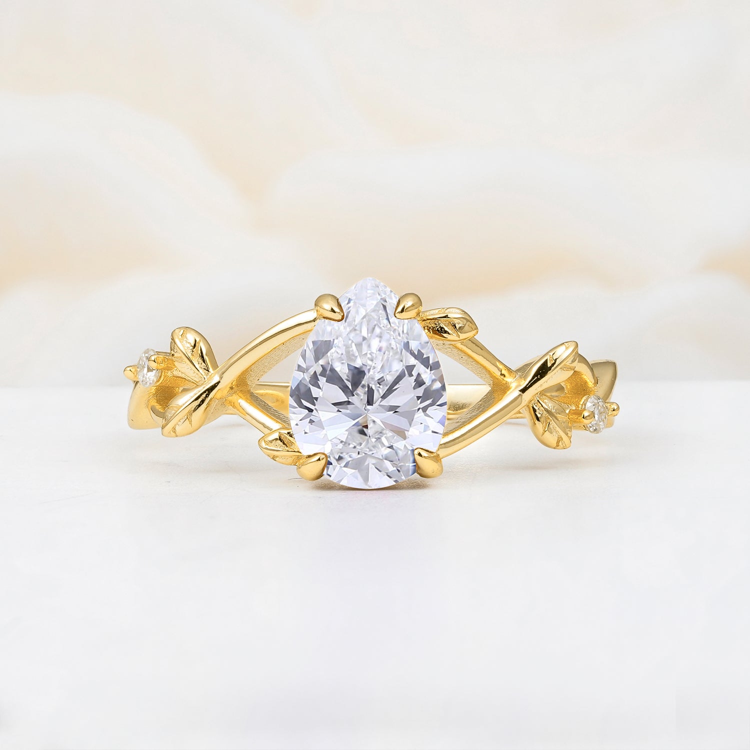 Nature Inspired Four Prong Pear Lab Diamond Leaf Engagement Ring