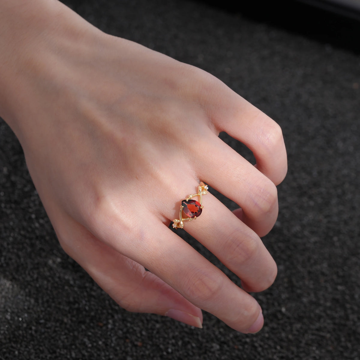 Nature Inspired Four Prong Pear Garnet Leaf Engagement Ring