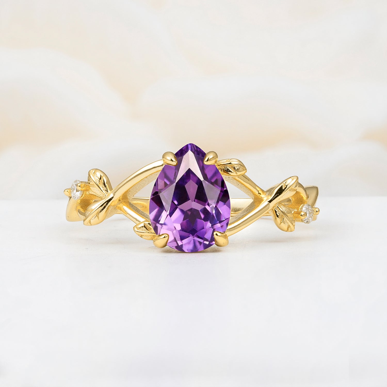 Nature Inspired Four Prong Pear Amethyst Leaf Engagement Ring