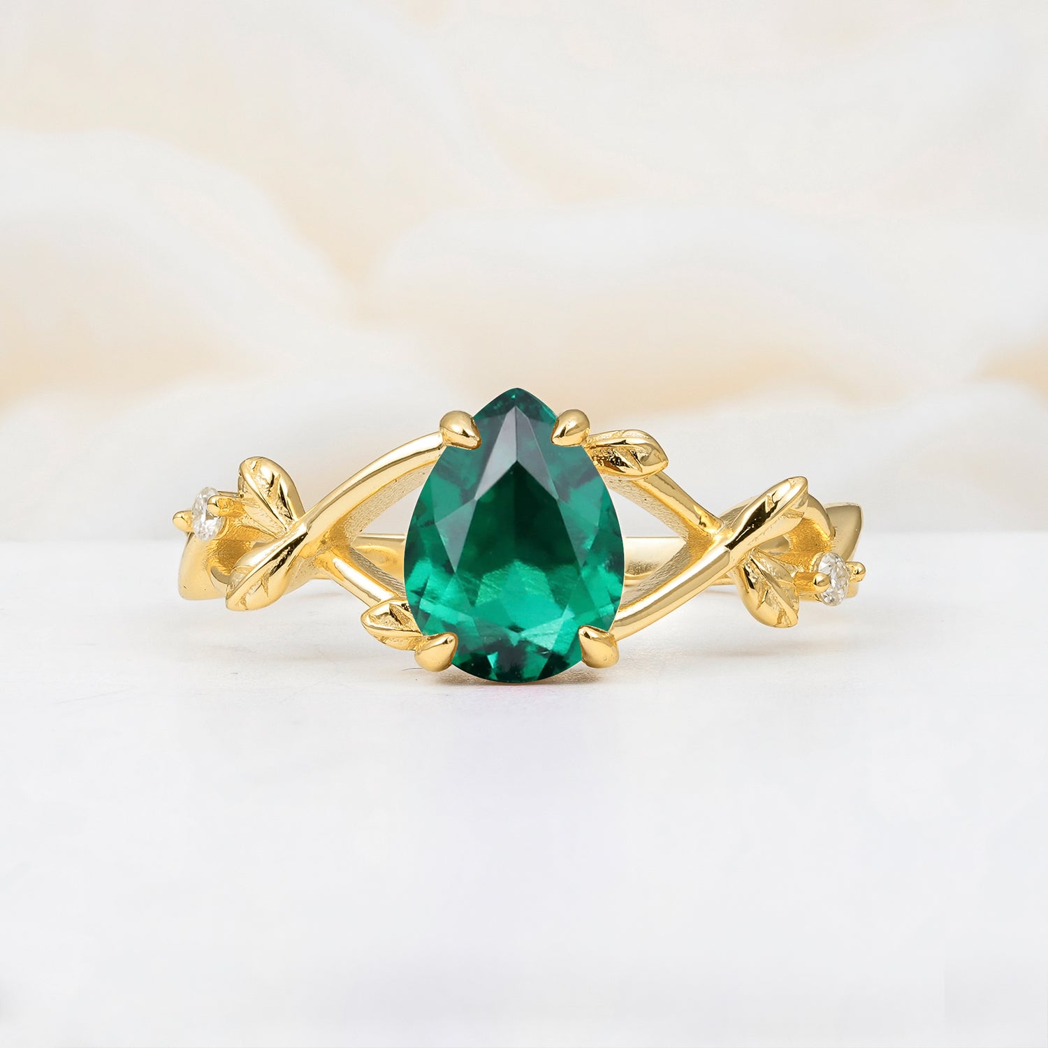 Nature Inspired Four Prong Pear Emerald Leaf Engagement Ring