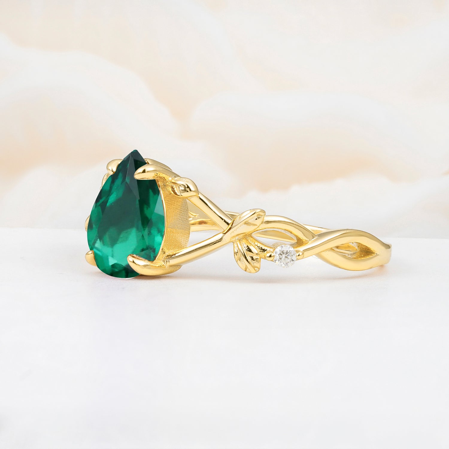 Nature Inspired Four Prong Pear Emerald Leaf Engagement Ring