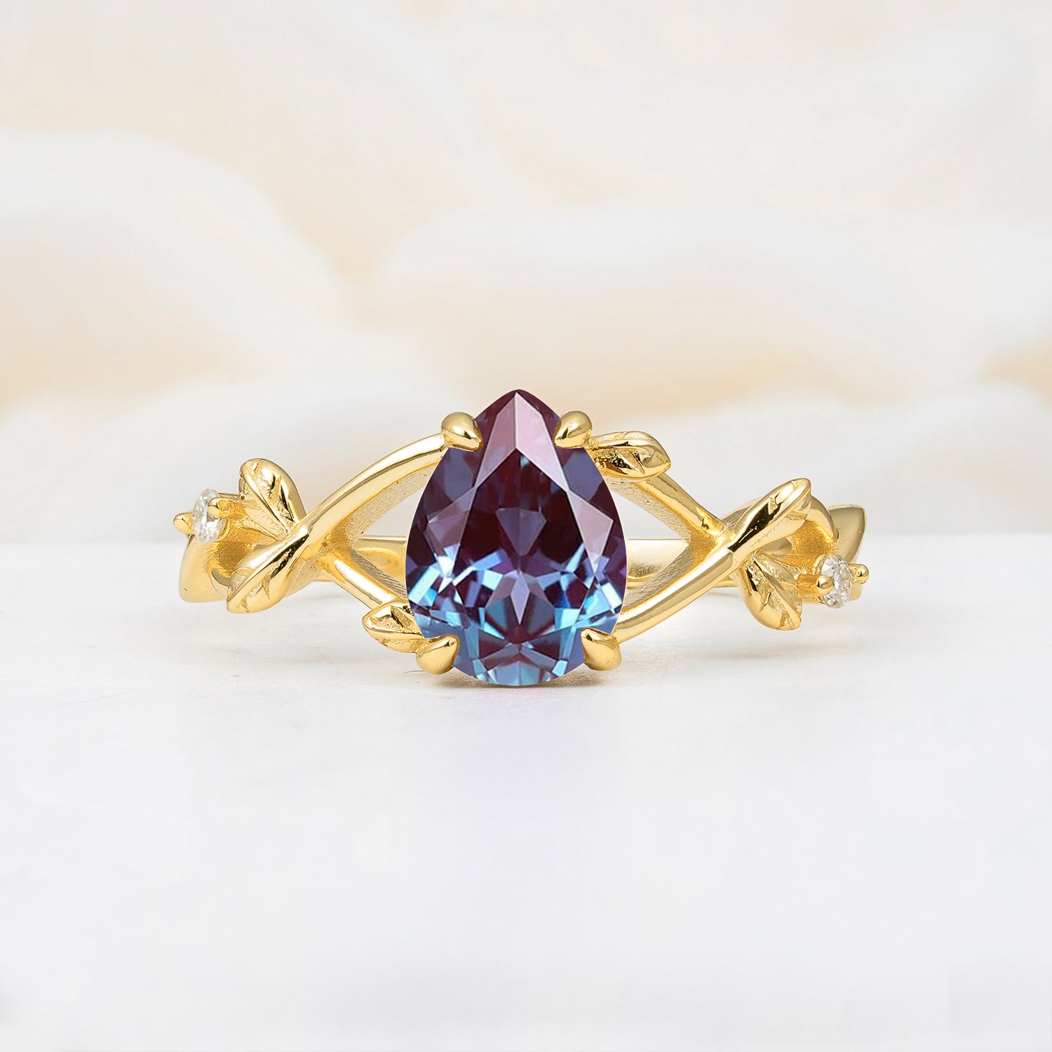 Nature Inspired Four Prong Pear  Alexandrite Leaf Engagement Ring