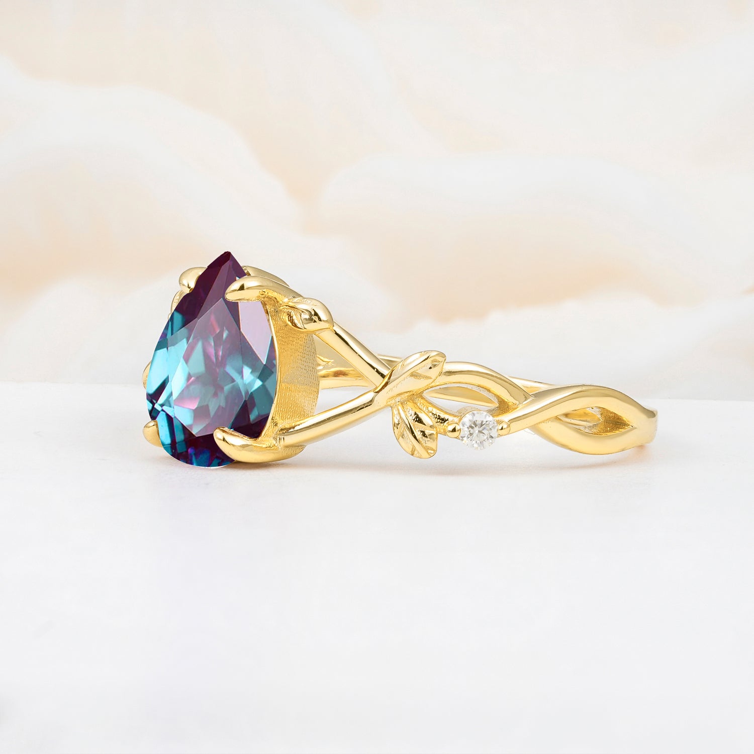 Nature Inspired Four Prong Pear  Alexandrite Leaf Engagement Ring