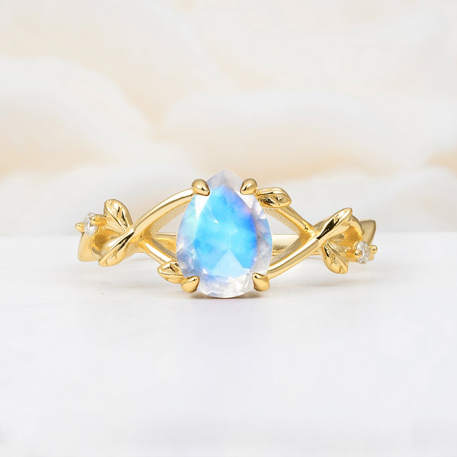 Nature Inspired Four Prong Pear  Moonstone Leaf Engagement Ring