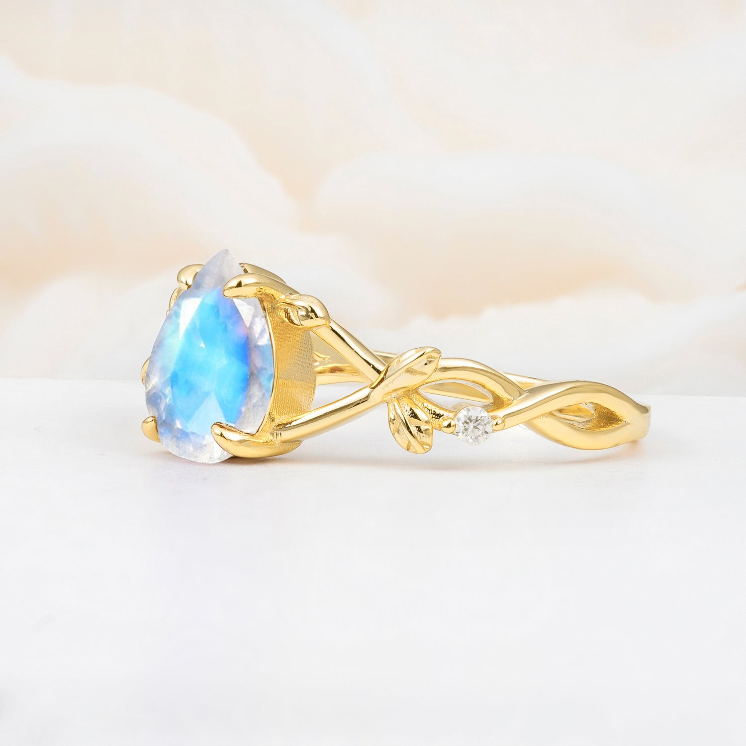 Nature Inspired Four Prong Pear  Moonstone Leaf Engagement Ring