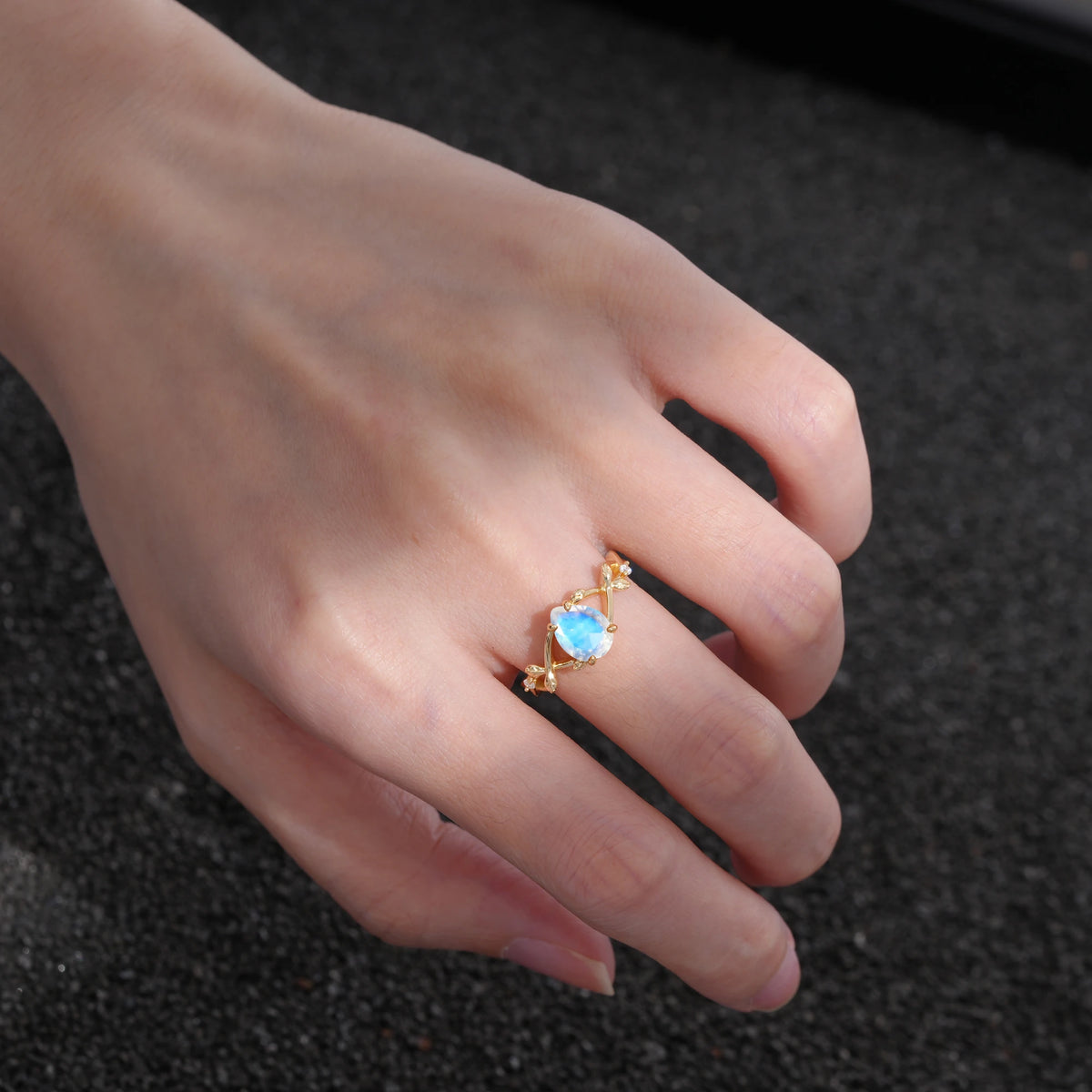 Nature Inspired Four Prong Pear  Moonstone Leaf Engagement Ring