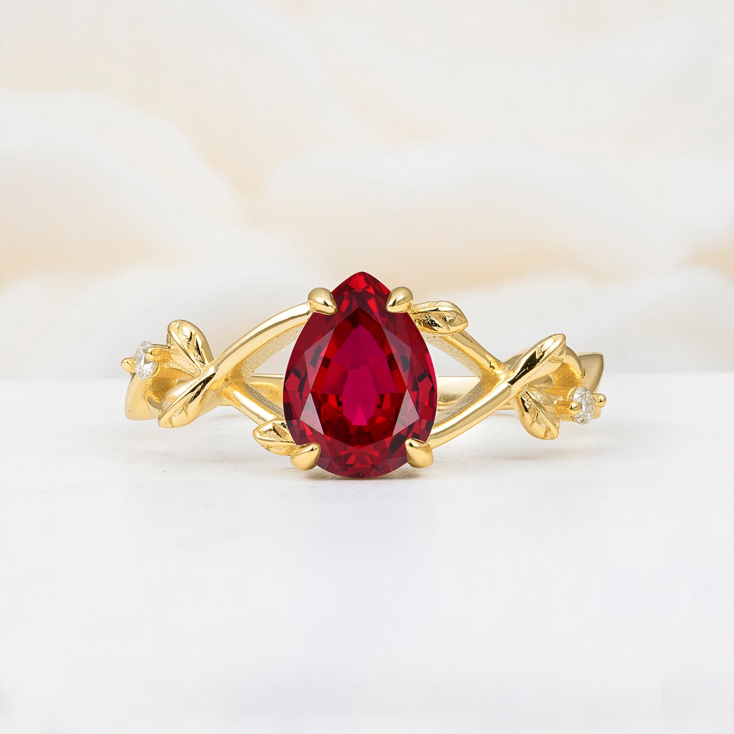 Nature Inspired Four Prong Pear  Ruby Leaf Engagement Ring