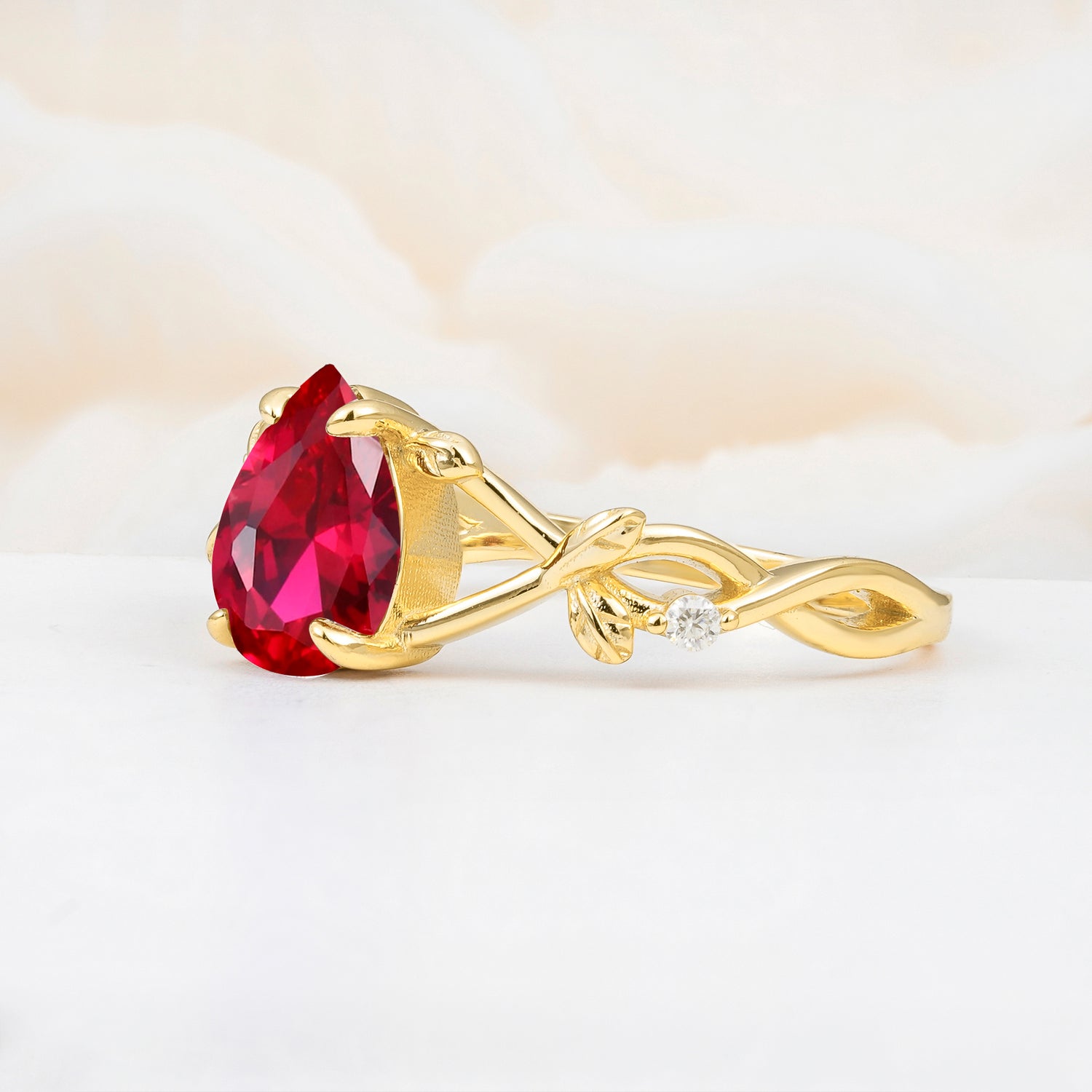 Nature Inspired Four Prong Pear  Ruby Leaf Engagement Ring