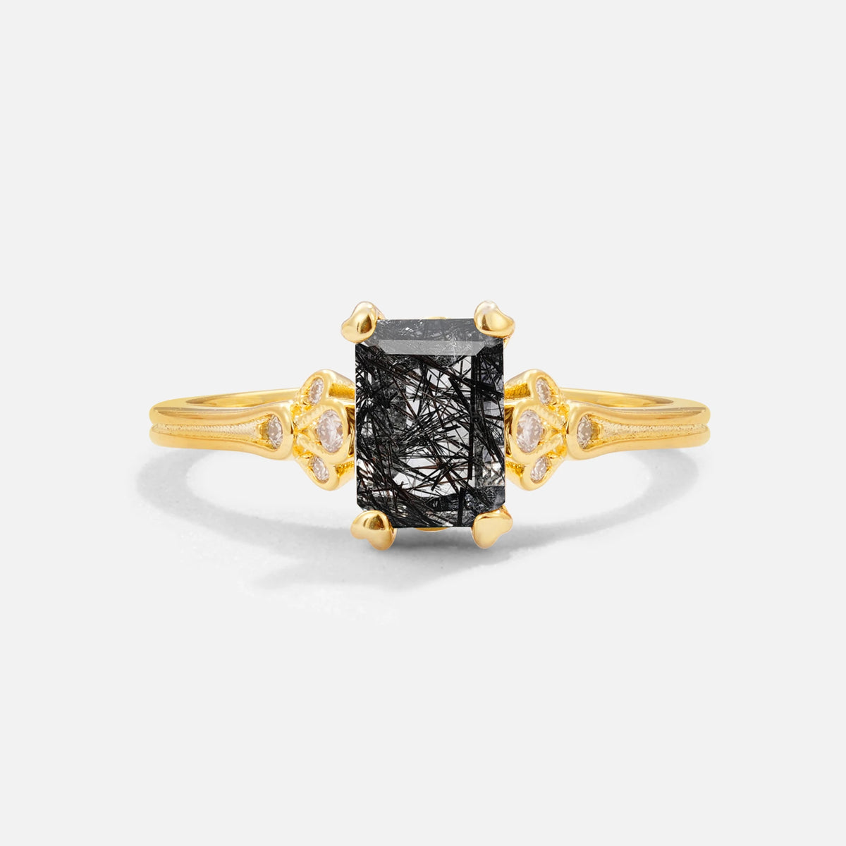 Classic 4-Prong Emerald-Cut Black Rutilated Quartz Engagement Ring