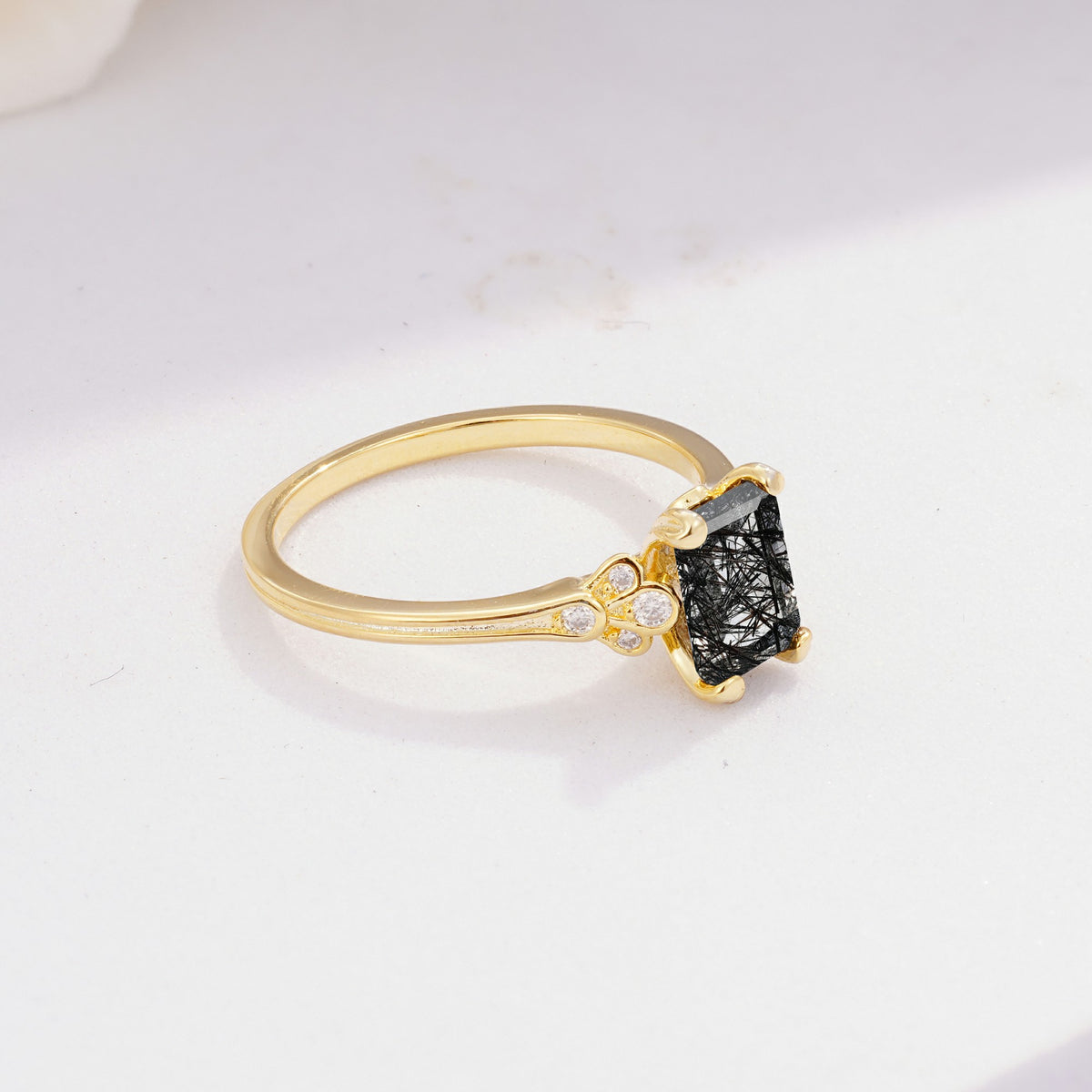 ML07055 Black Rutilated Quartz Ring - White-Gold