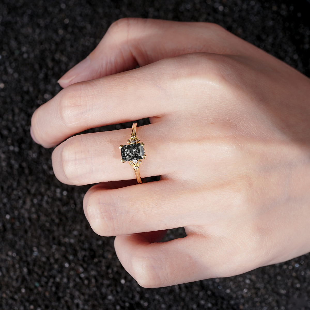 ML07055 Black Rutilated Quartz Ring - Rose-Gold