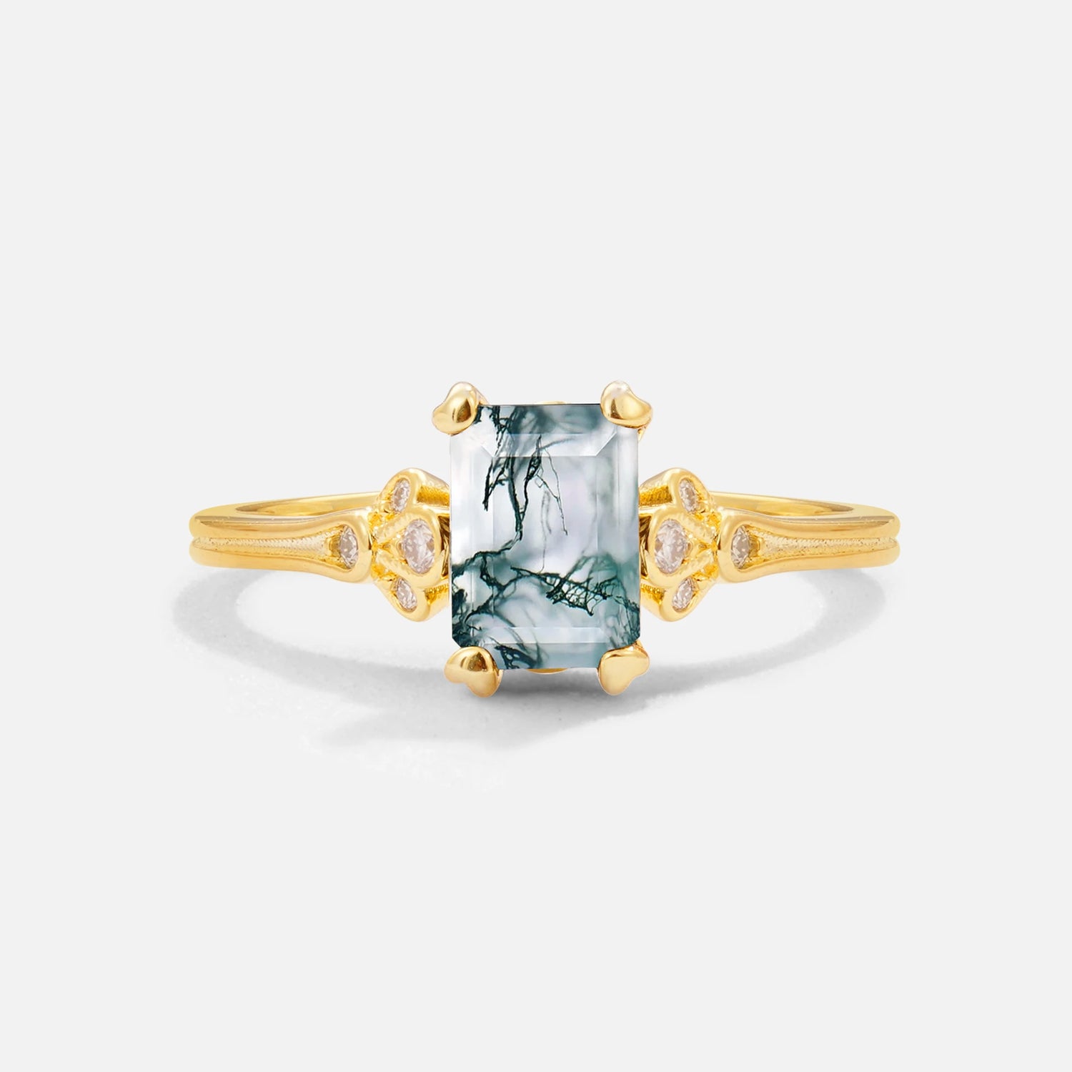 Classic 4-Prong Emerald-Cut Moss Agate Engagement Ring