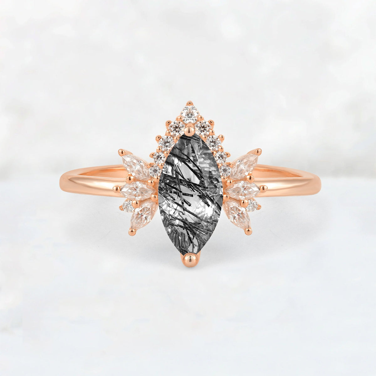 Marquise Cut Black Rutilated Quartz Floral Side Stone Engagement Ring - Additional view
