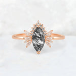Marquise Cut Black Rutilated Quartz Floral Side Stone Engagement Ring - Additional view