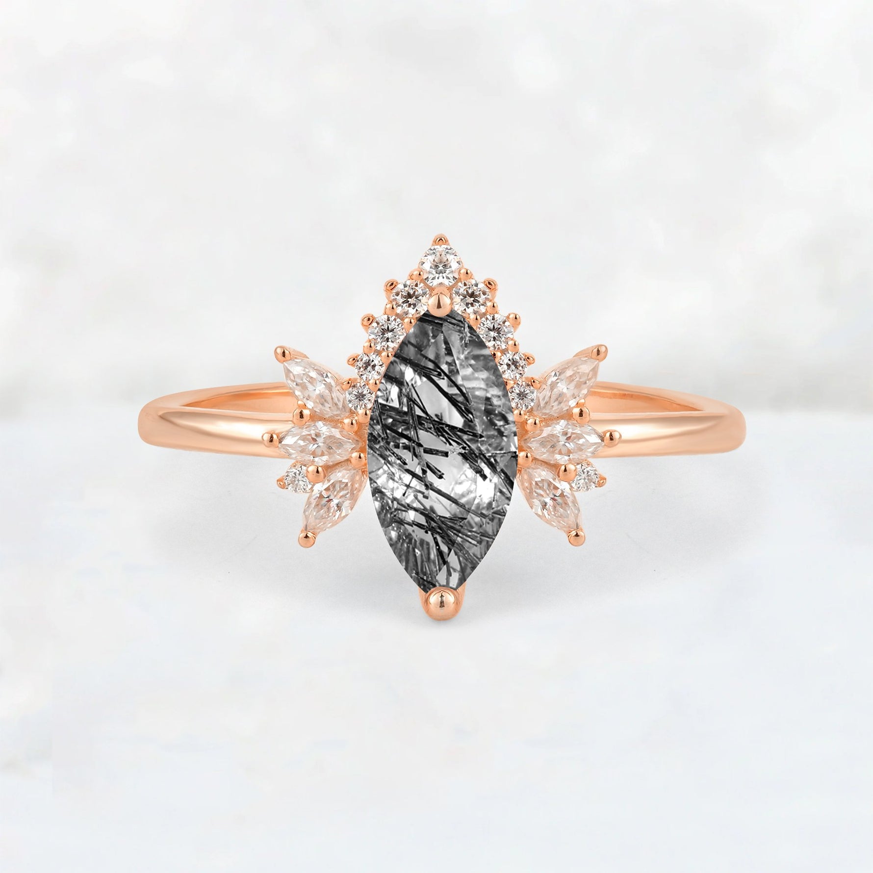 Marquise Cut Black Rutilated Quartz Floral Side Stone Engagement Ring - Additional view