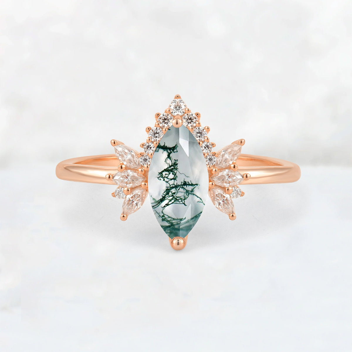 Marquise Cut Moss Agate Floral Side Stone Engagement Ring - Additional view
