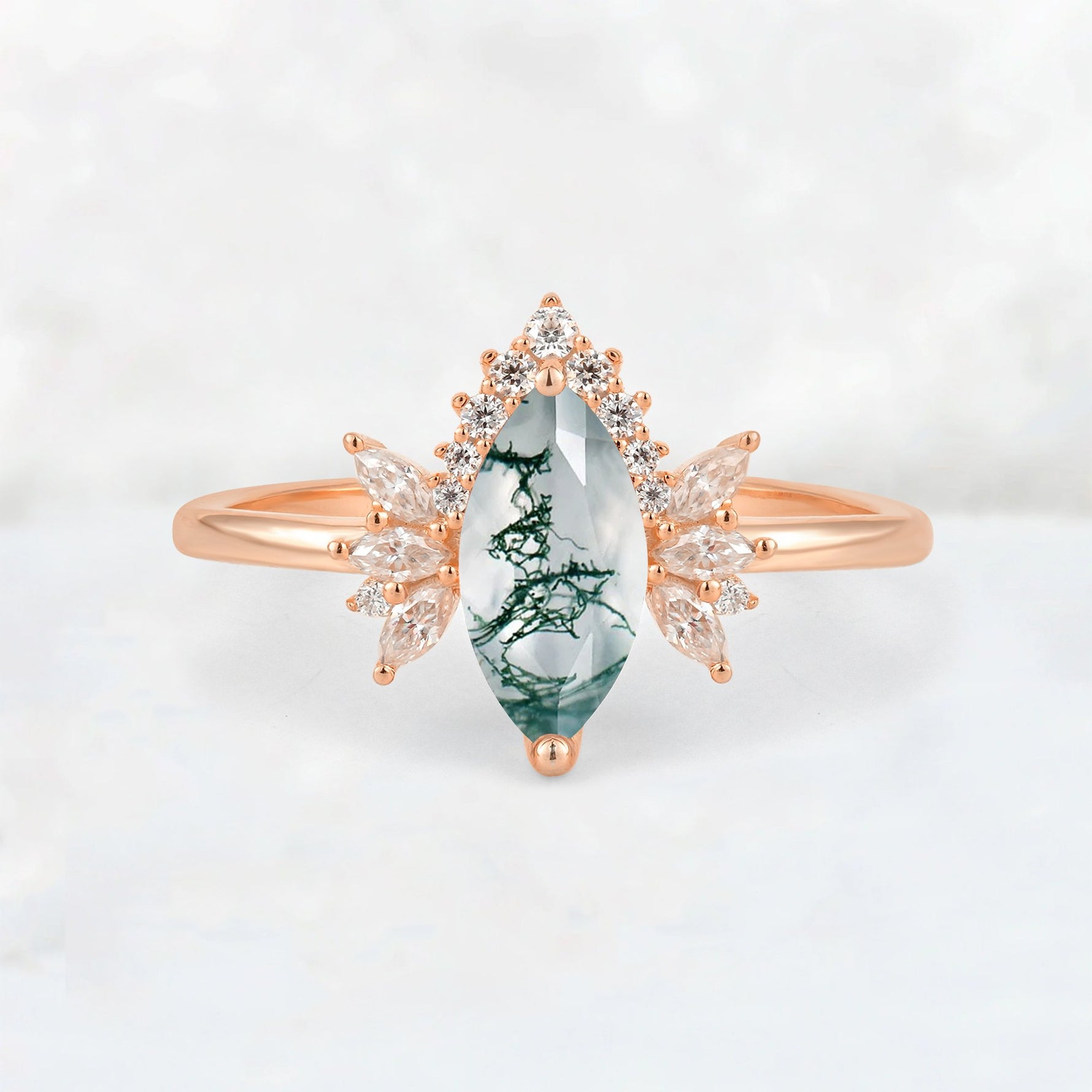 Marquise Cut Moss Agate Floral Side Stone Engagement Ring - Additional view