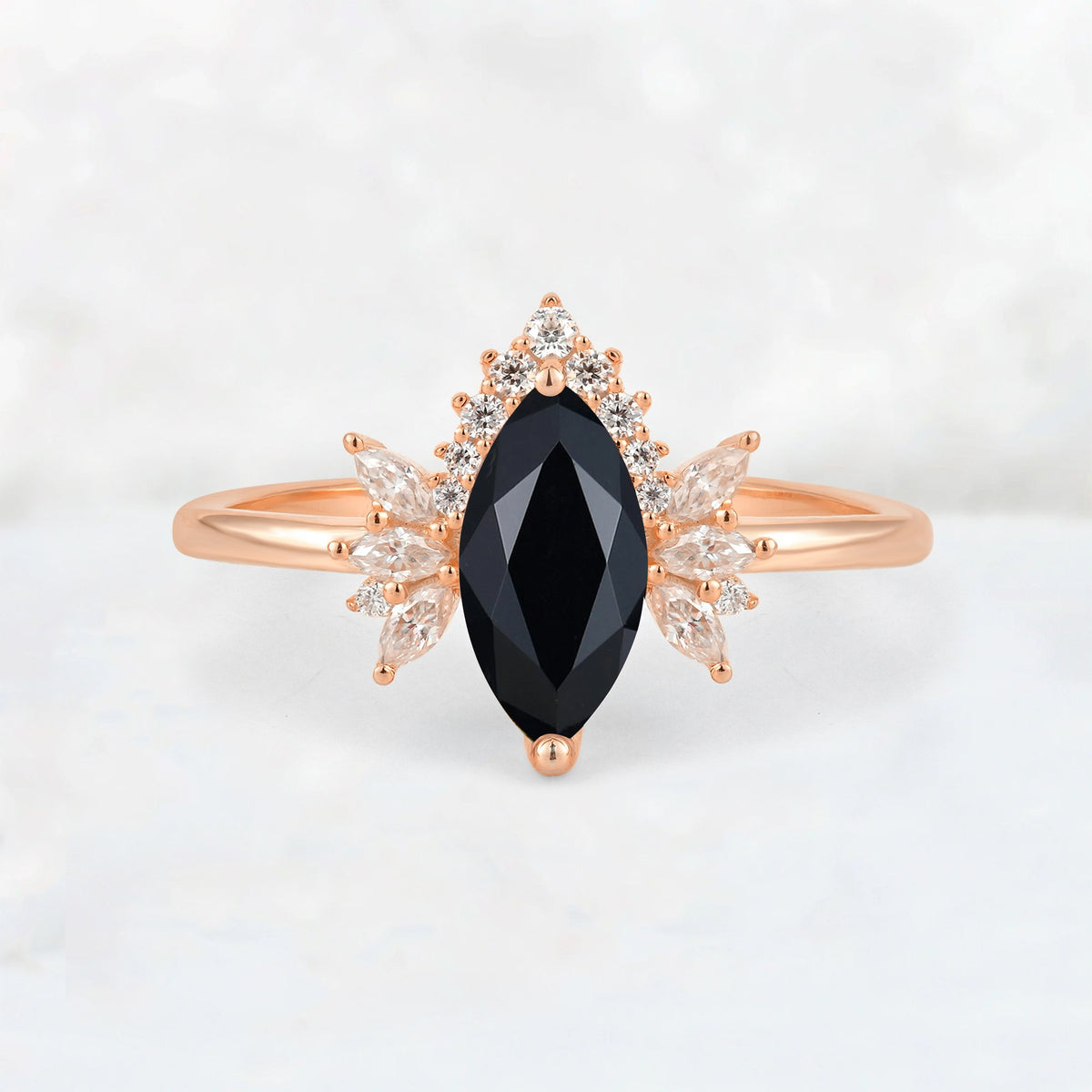 Marquise Cut Black Onyx Floral Side Stone Engagement Ring - Additional view