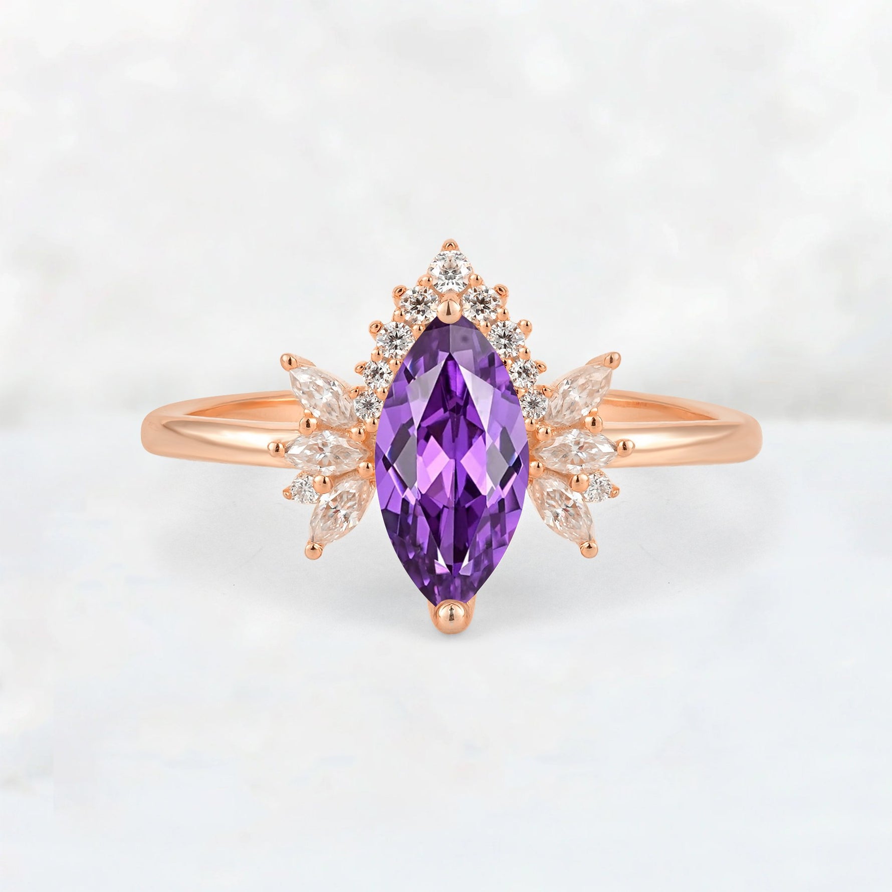 Marquise Cut Amethyst Floral Side Stone Engagement Ring - Additional view