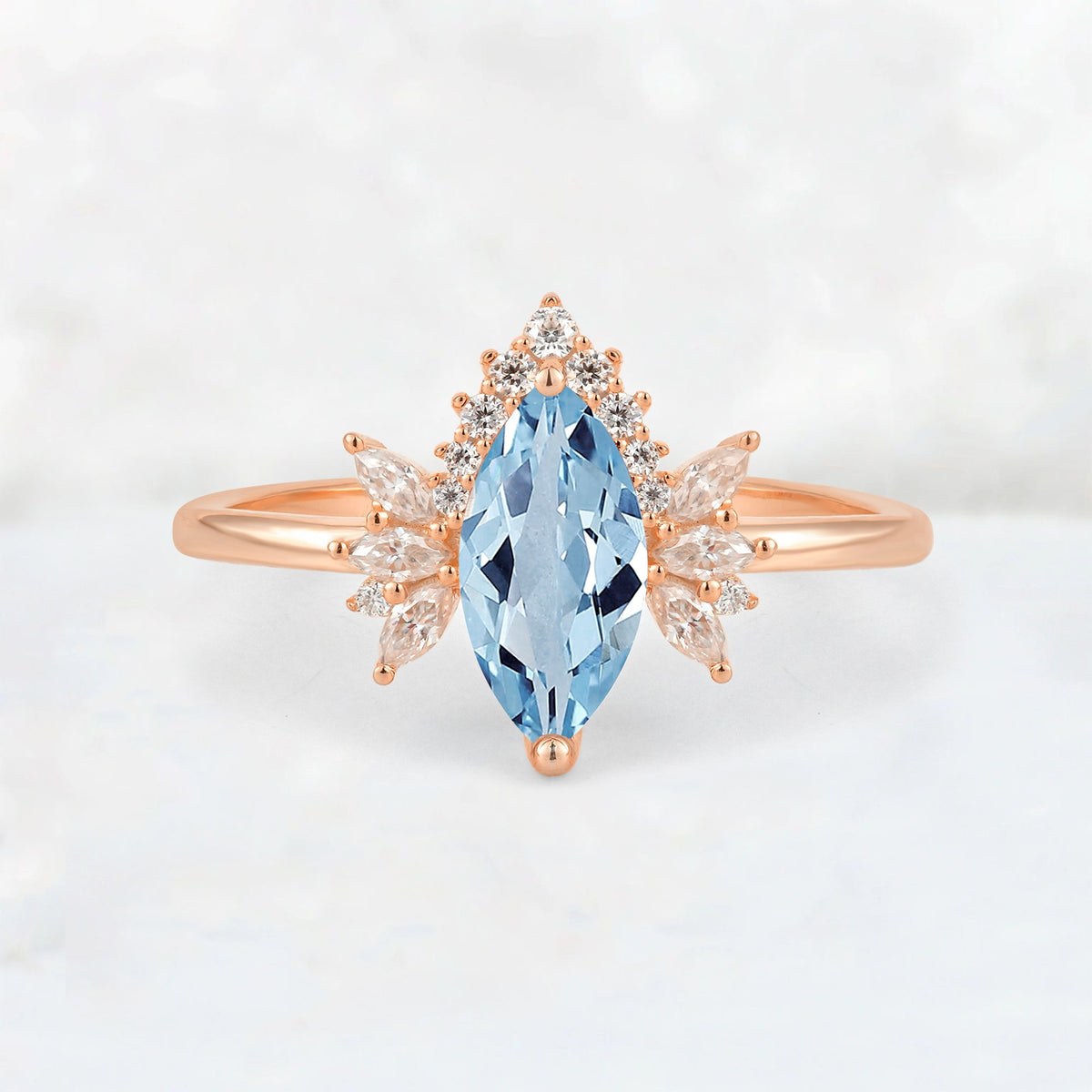 Marquise Cut Aquamarine Floral Side Stone Engagement Ring - Additional view
