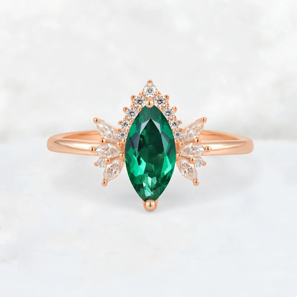 Marquise Cut Emerald Floral Side Stone Engagement Ring - Additional view