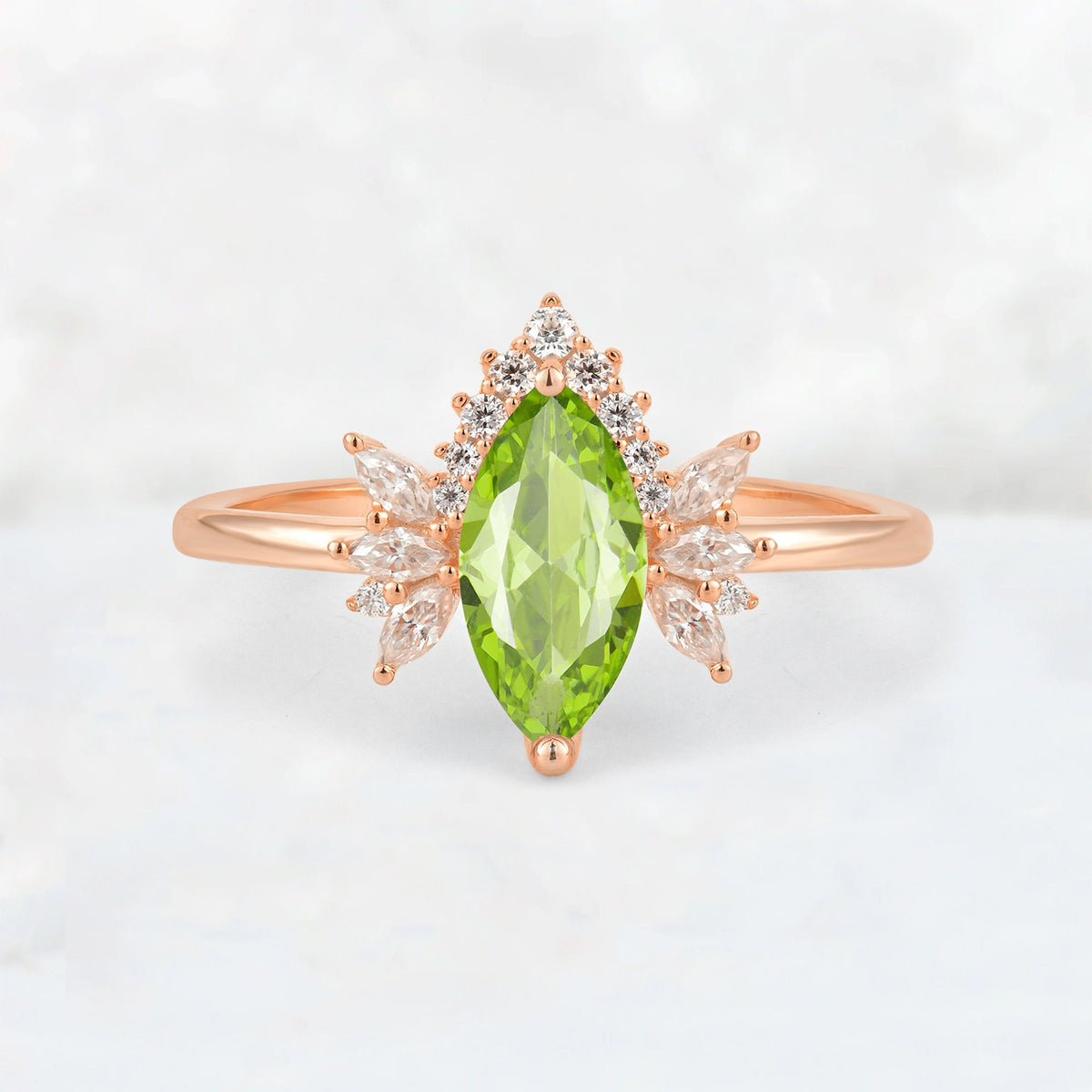 Marquise Cut Peridot Floral Side Stone Engagement Ring - Additional view