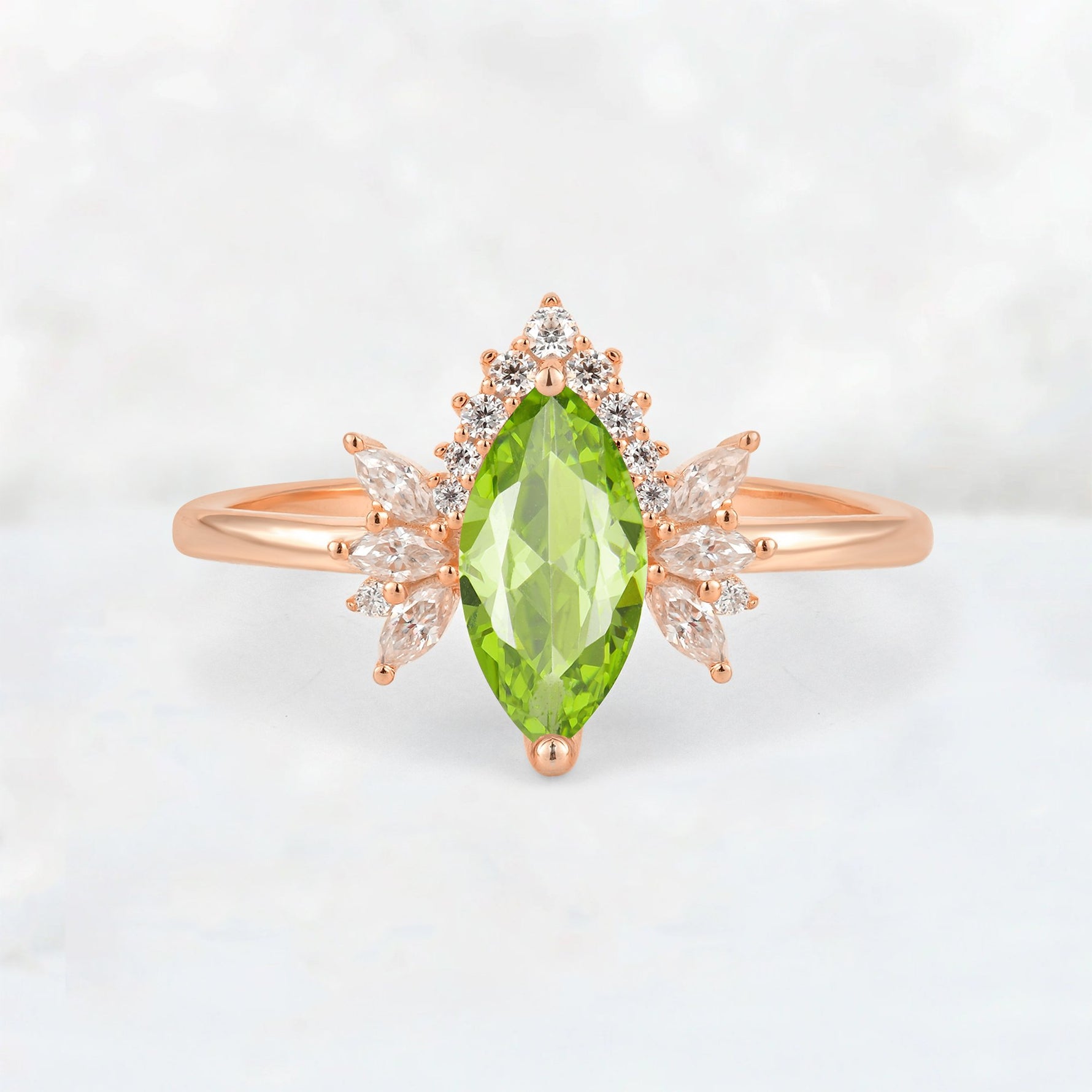Marquise Cut Peridot Floral Side Stone Engagement Ring - Additional view