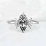 Marquise Cut Black Rutilated Quartz Floral Side Stone Engagement Ring - Additional view