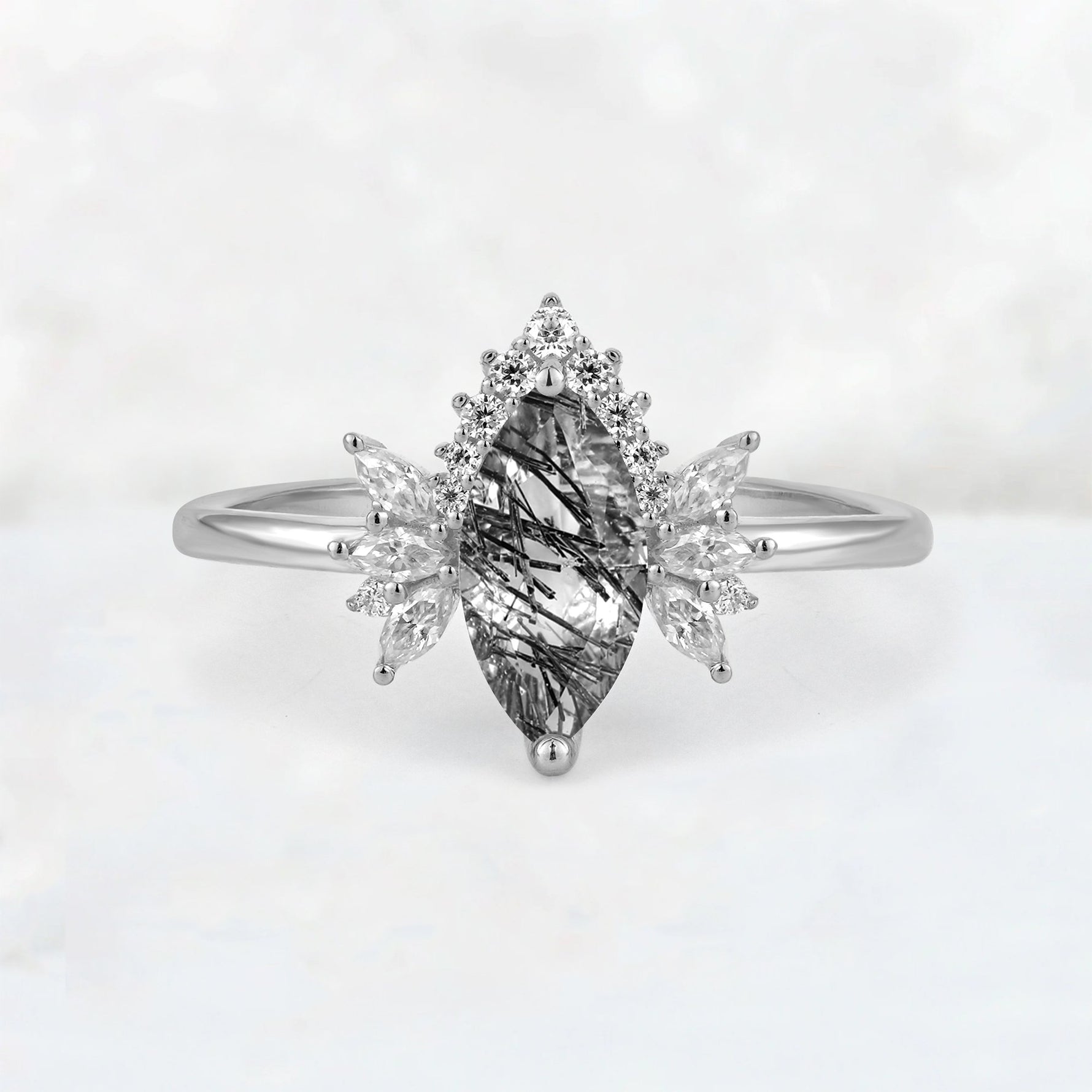 Marquise Cut Black Rutilated Quartz Floral Side Stone Engagement Ring - Additional view